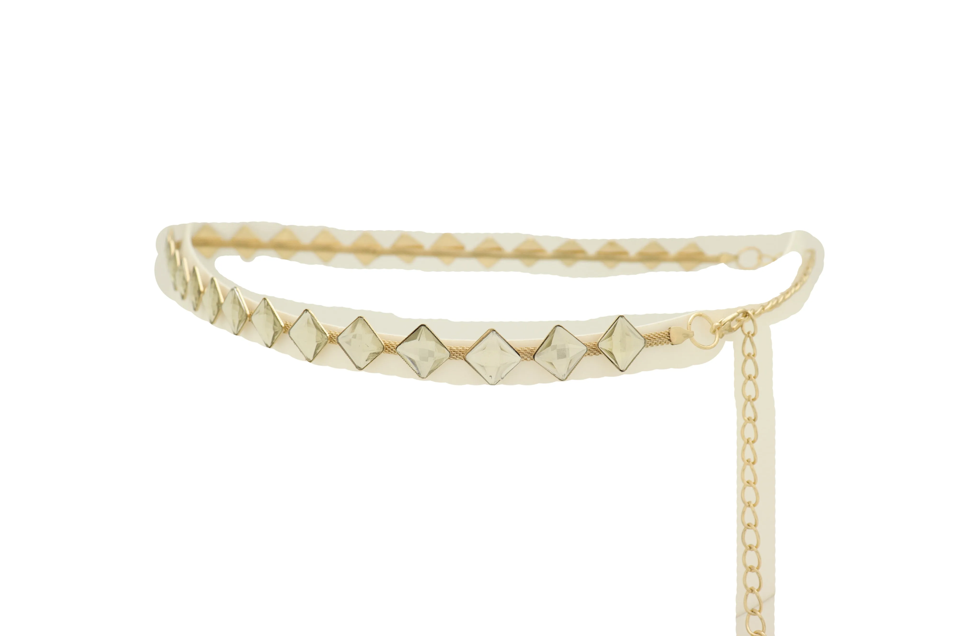 Gold Mesh Metal Skinny Waistband Fashion Belt Silver Square Bead Fit S M L