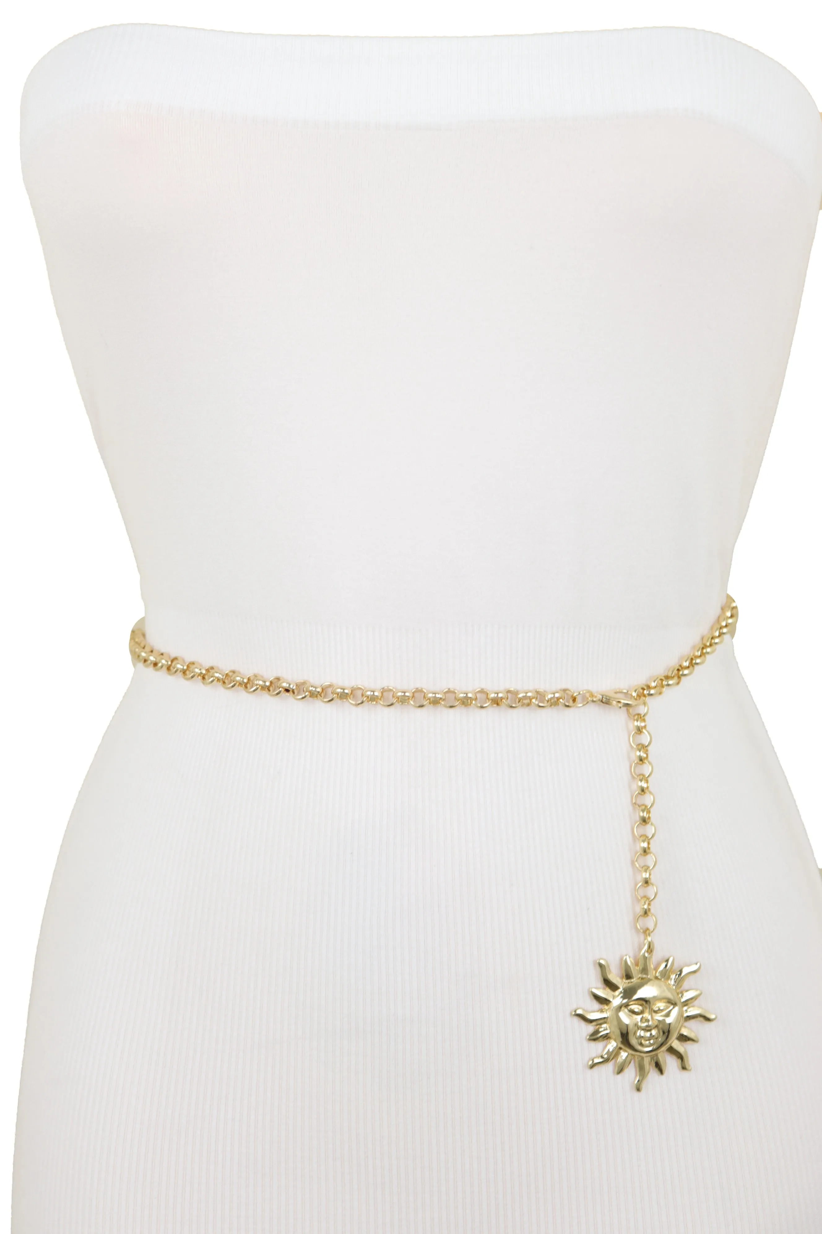 Gold Metal Chain Links Skinny Waistband Fashion Belt Sun Charm Size XS S M