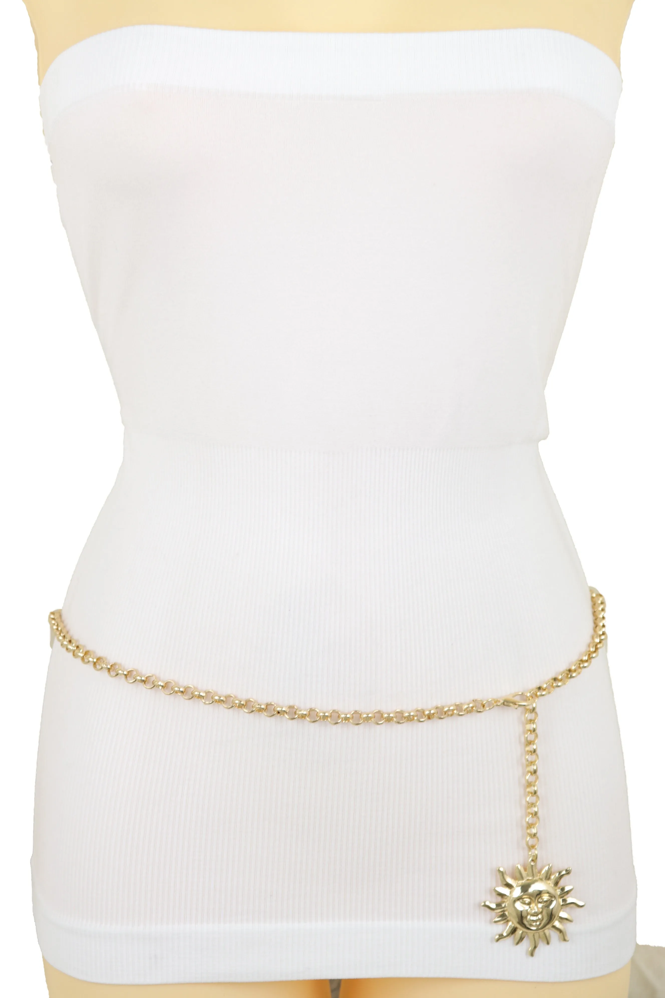 Gold Metal Chain Links Skinny Waistband Fashion Belt Sun Charm Size XS S M