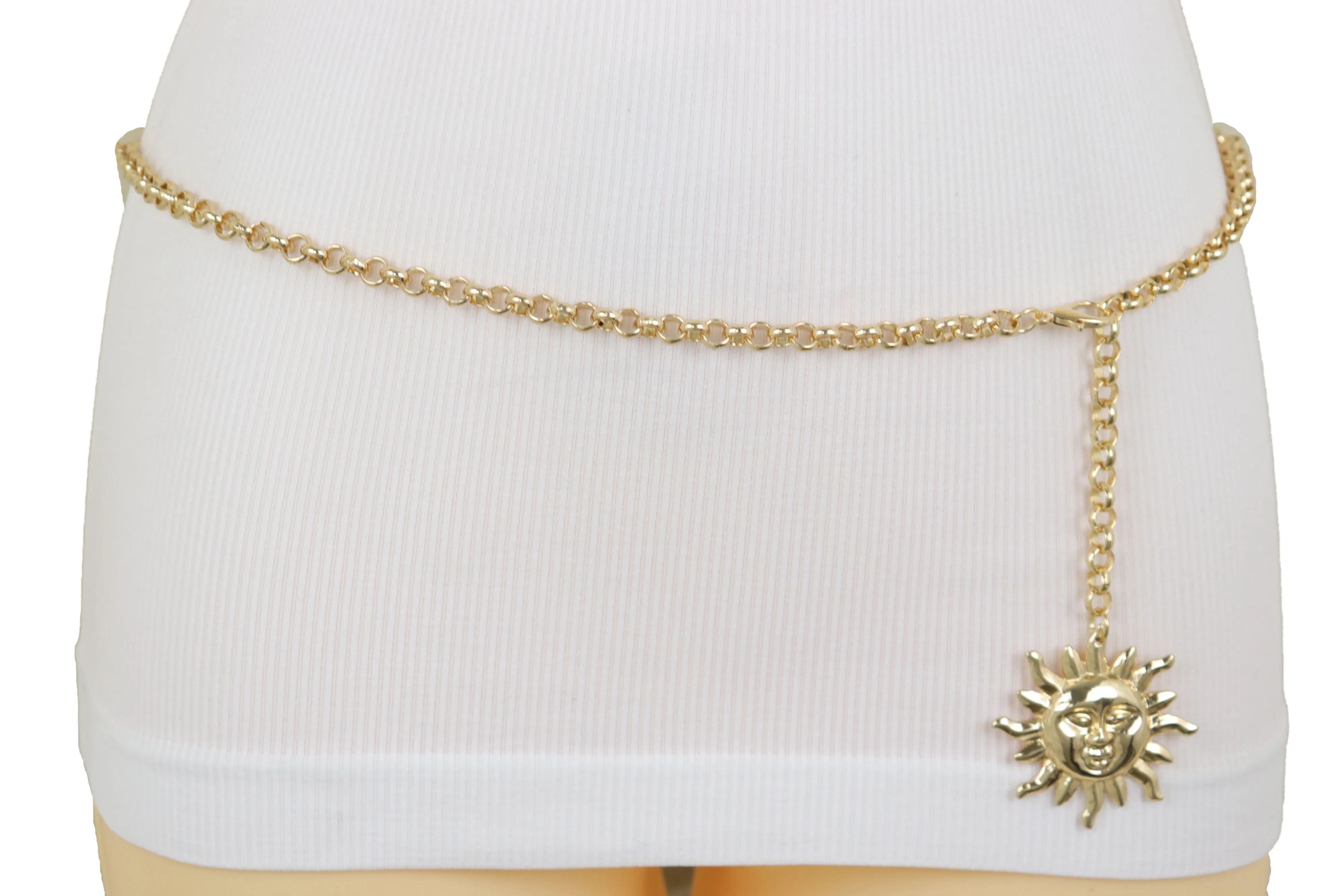 Gold Metal Chain Links Skinny Waistband Fashion Belt Sun Charm Size XS S M
