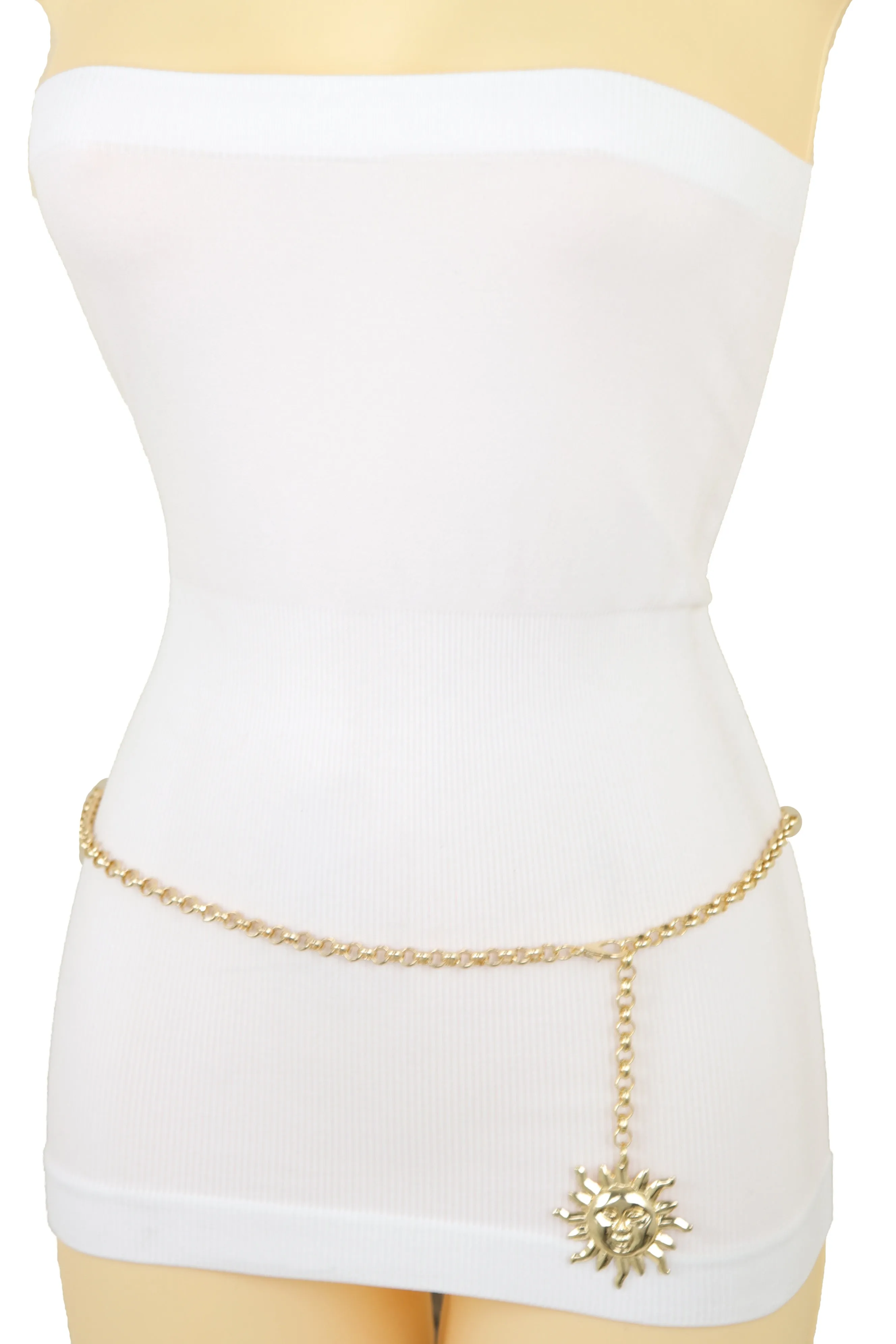 Gold Metal Chain Links Skinny Waistband Fashion Belt Sun Charm Size XS S M