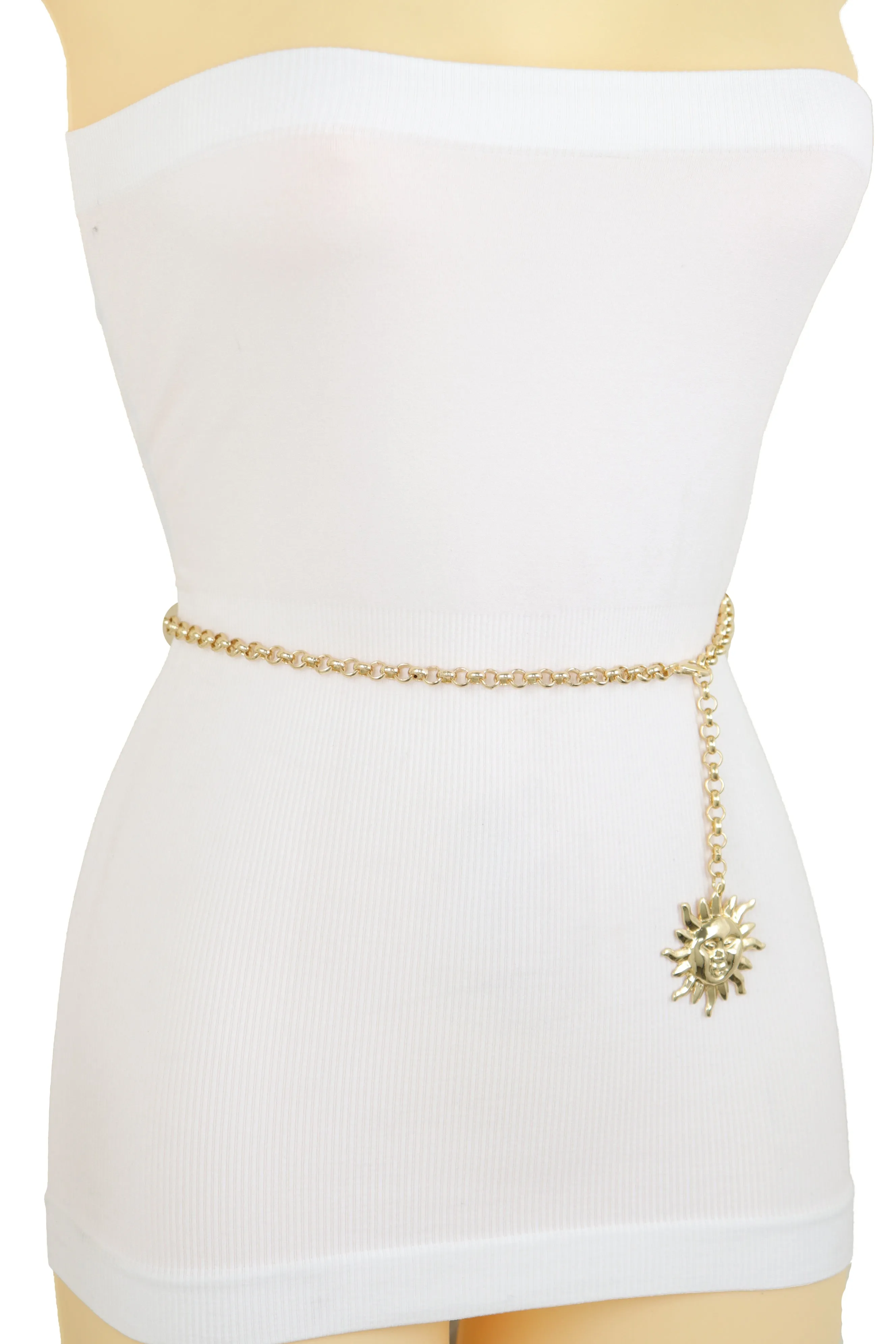 Gold Metal Chain Links Skinny Waistband Fashion Belt Sun Charm Size XS S M