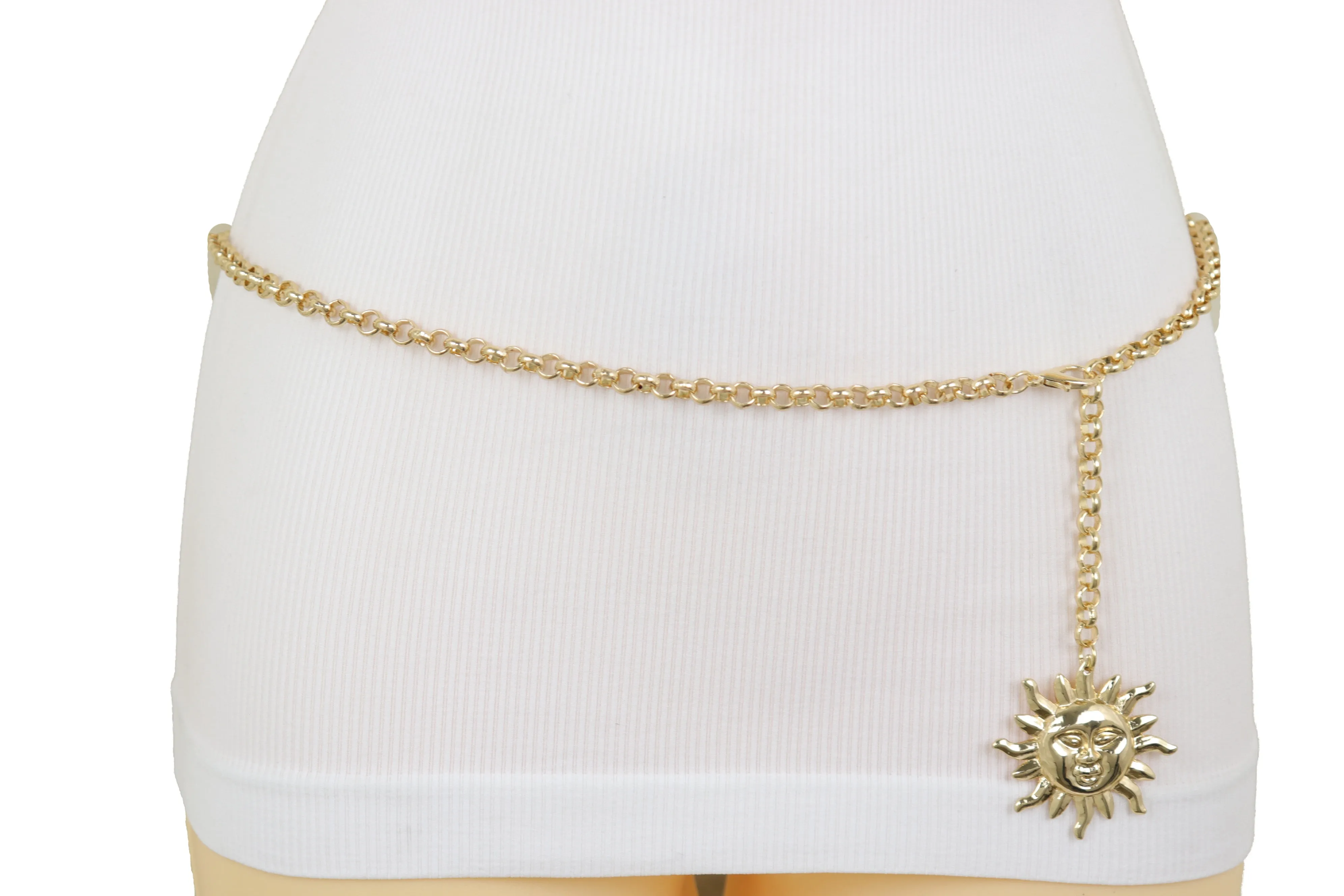 Gold Metal Chain Links Skinny Waistband Fashion Belt Sun Charm Size XS S M