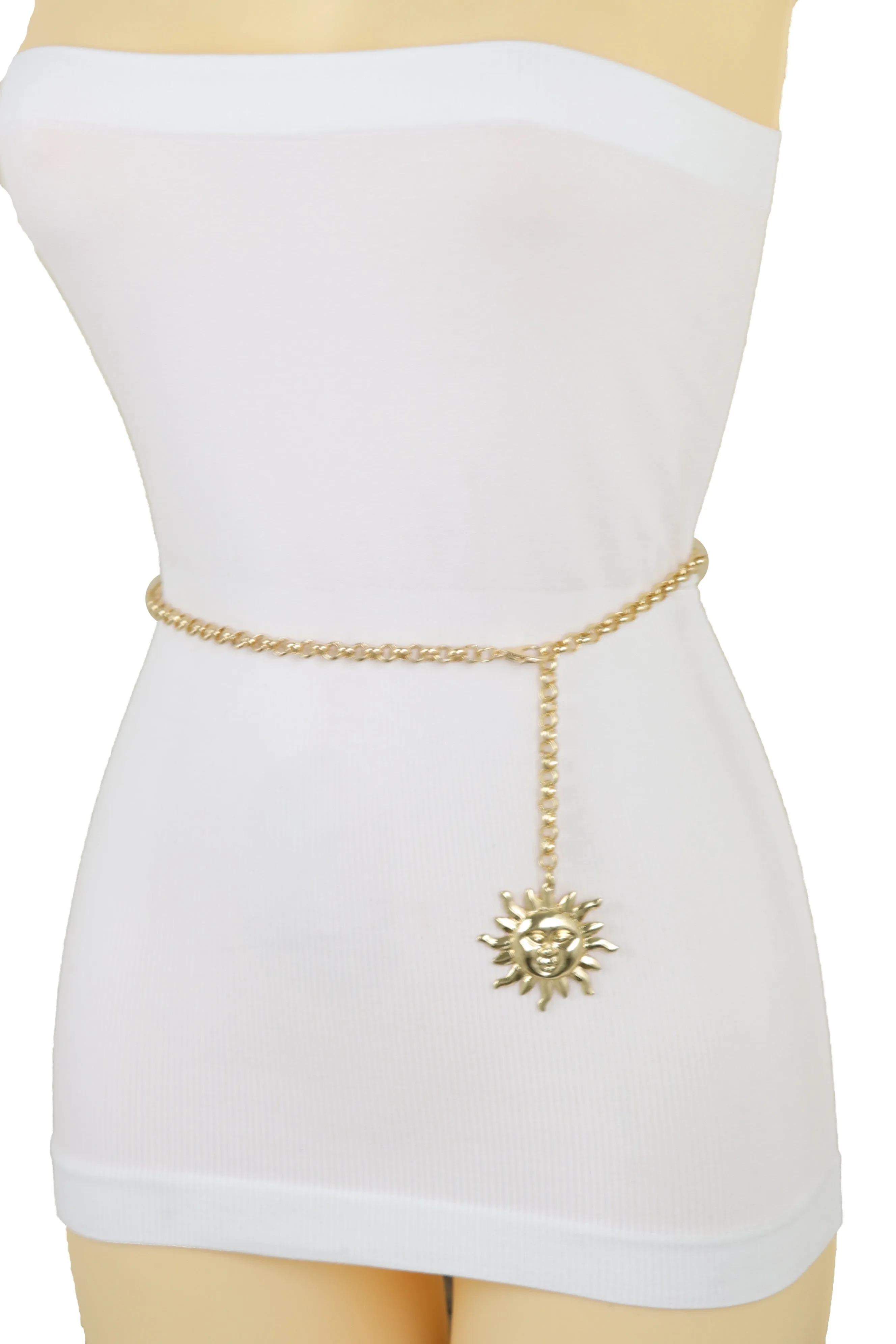 Gold Metal Chain Links Skinny Waistband Fashion Belt Sun Charm Size XS S M