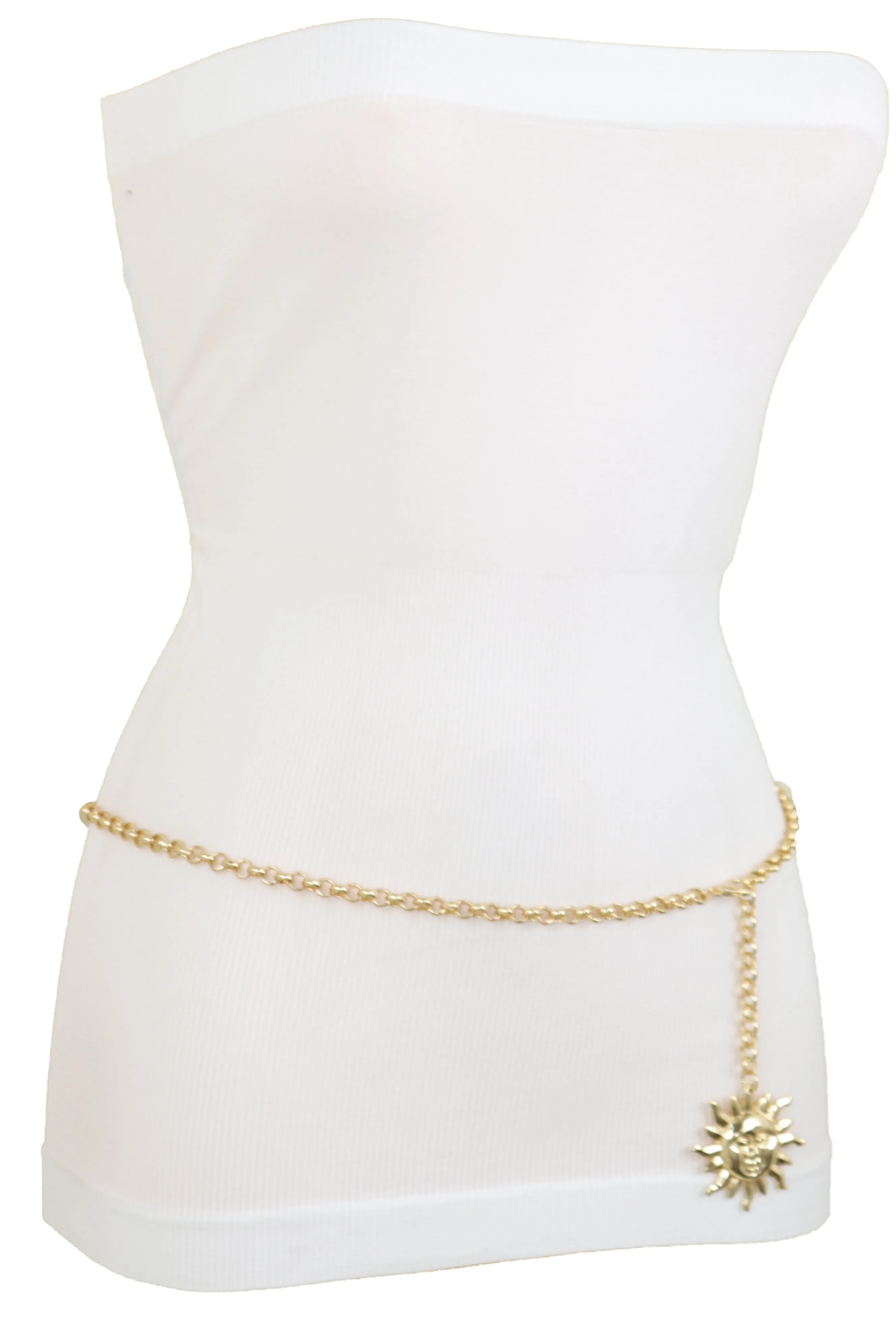 Gold Metal Chain Links Skinny Waistband Fashion Belt Sun Charm Size XS S M
