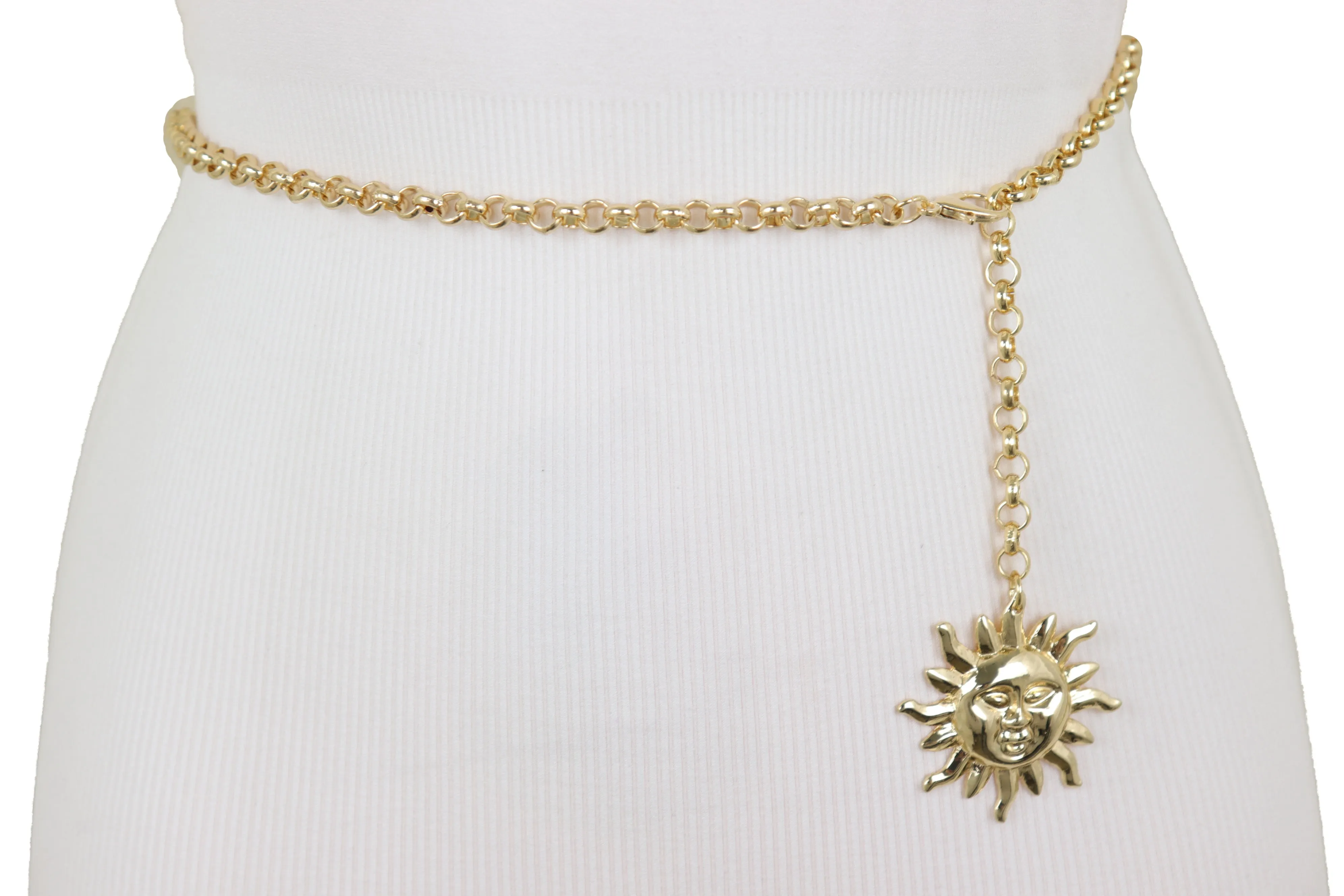 Gold Metal Chain Links Skinny Waistband Fashion Belt Sun Charm Size XS S M
