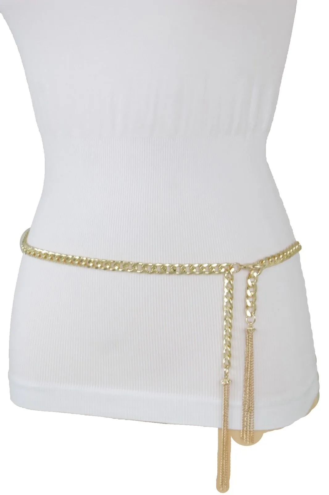 Gold Metal Chain Skinny Belt with Beaded Tassels