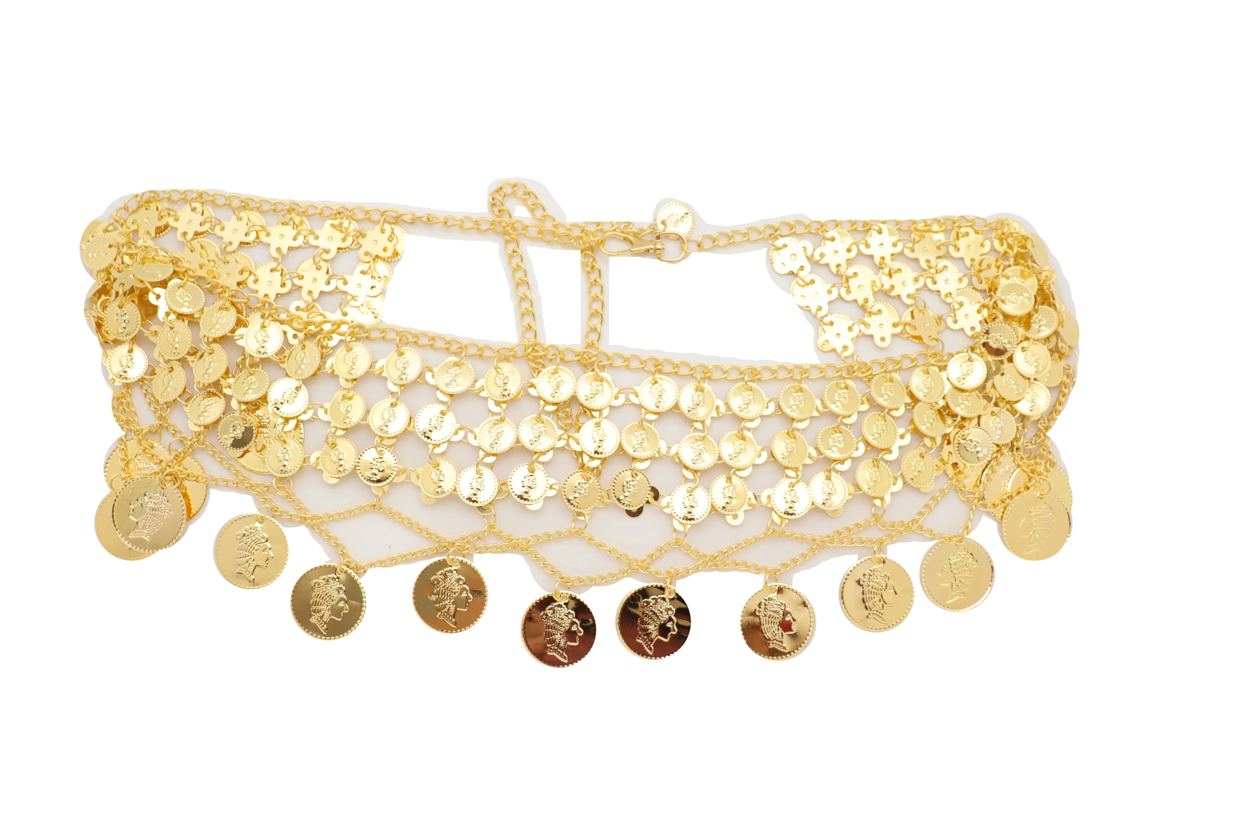 Gold Metal Chain Wide Waistband Ethnic Belly Dance Coin Charms Belt S M L