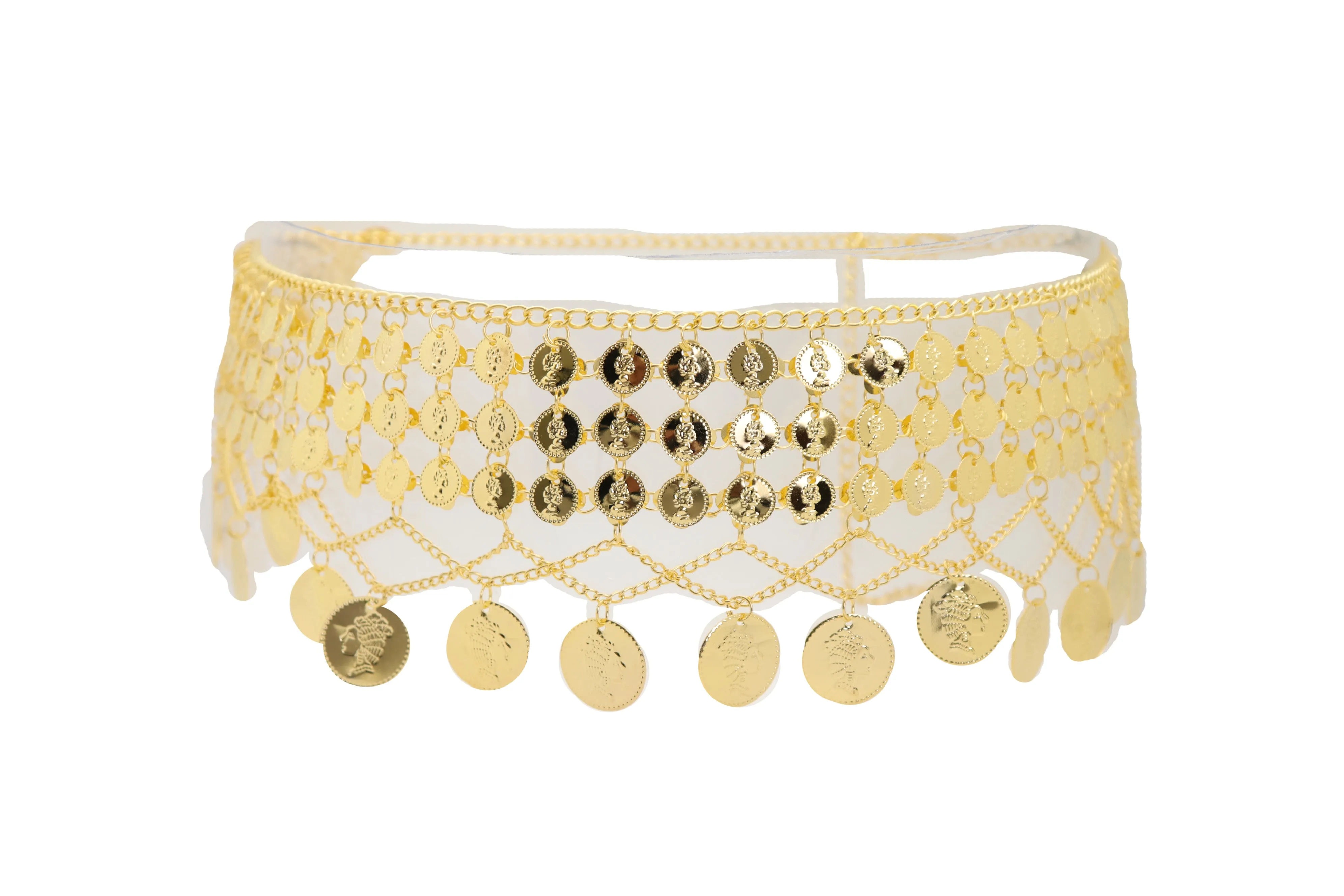 Gold Metal Chain Wide Waistband Ethnic Belly Dance Coin Charms Belt S M L