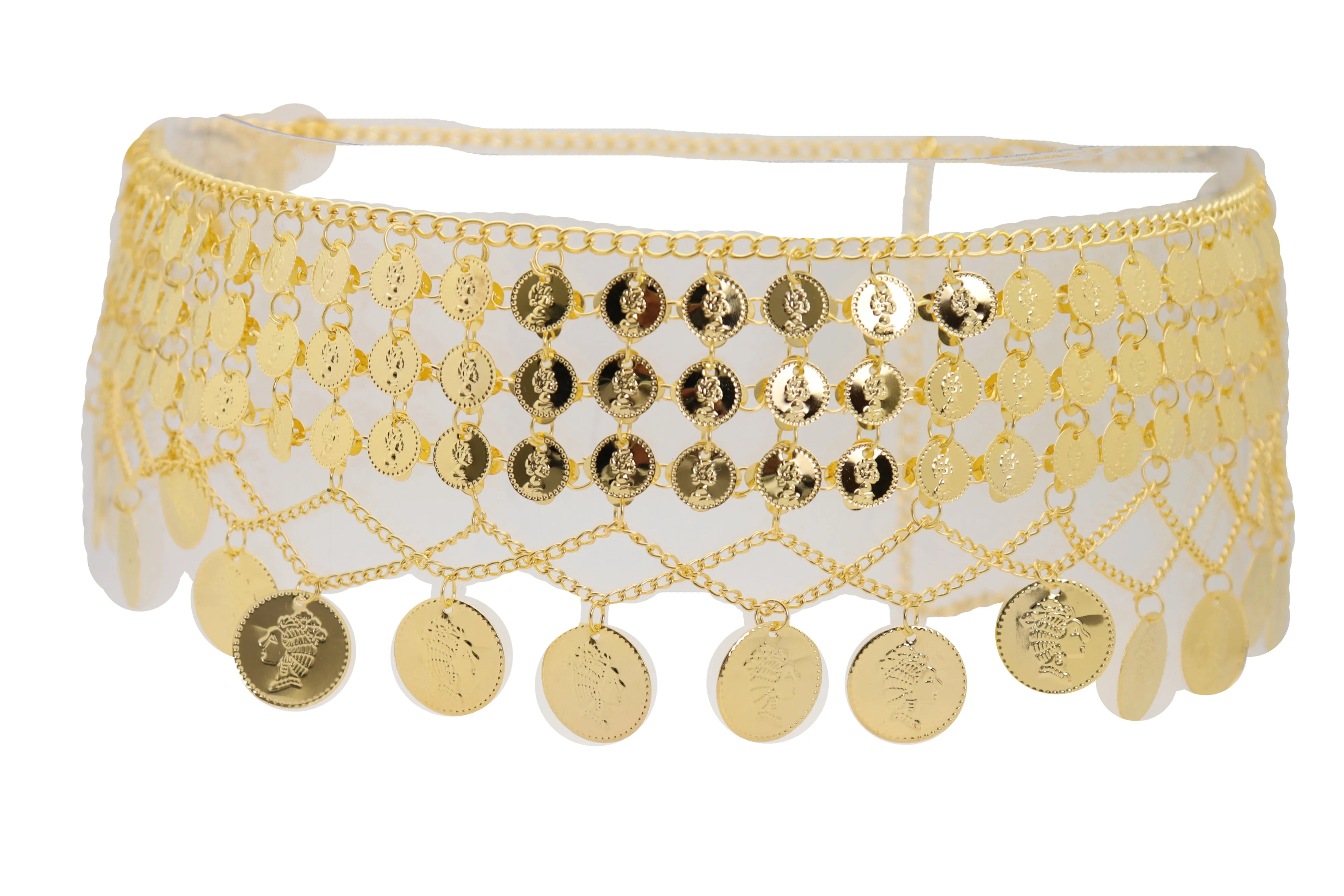 Gold Metal Chain Wide Waistband Ethnic Belly Dance Coin Charms Belt S M L