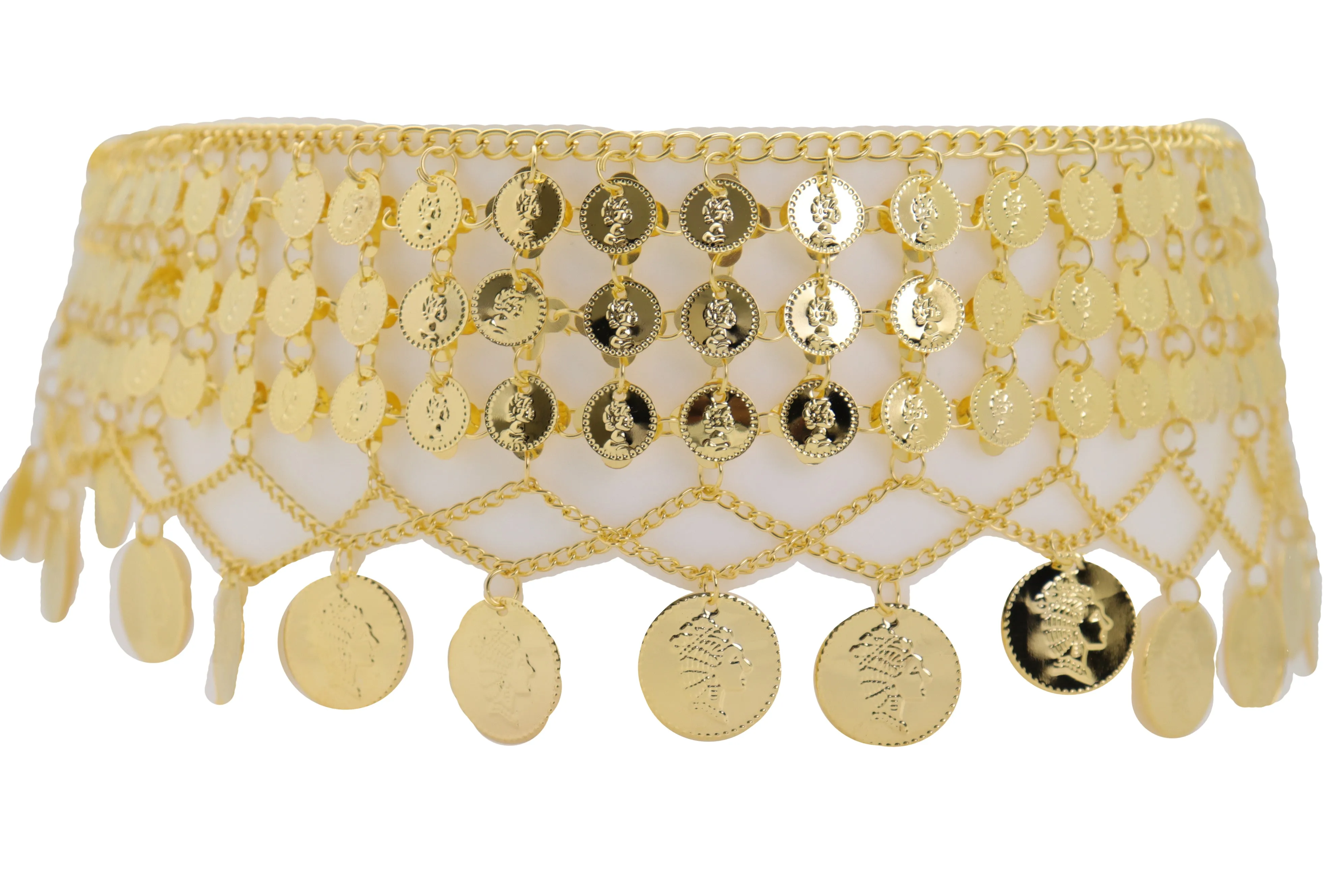 Gold Metal Chain Wide Waistband Ethnic Belly Dance Coin Charms Belt S M L
