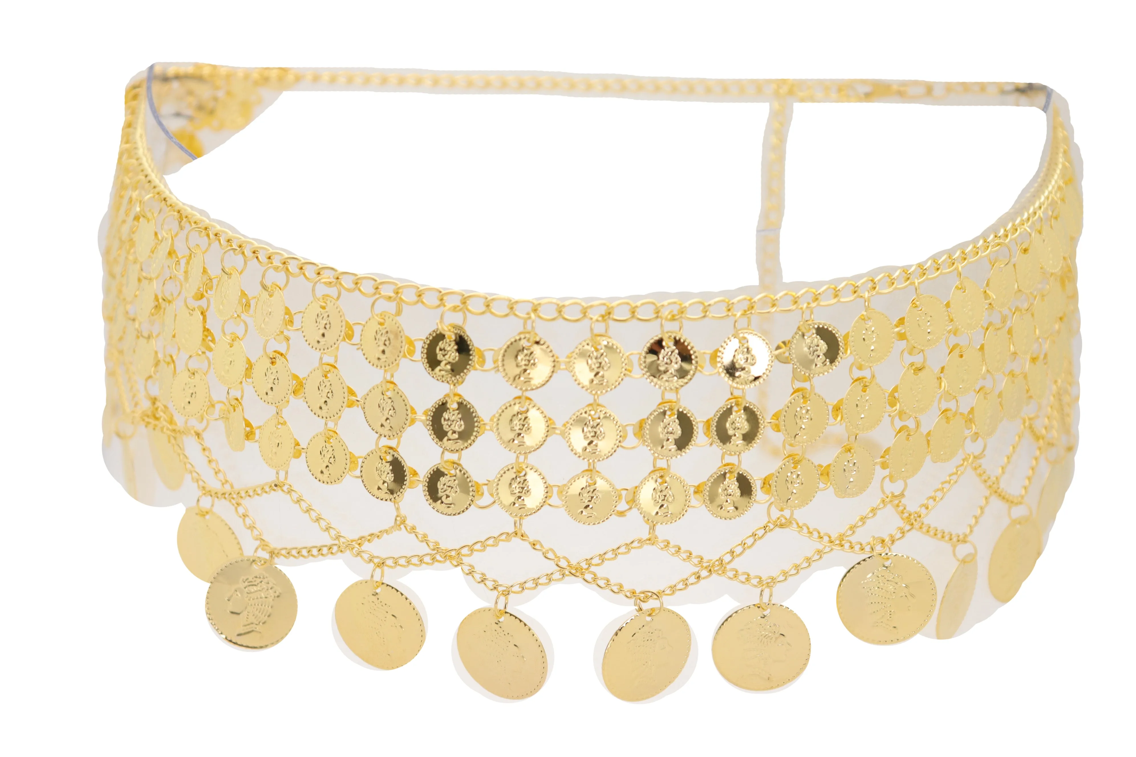 Gold Metal Chain Wide Waistband Ethnic Belly Dance Coin Charms Belt S M L