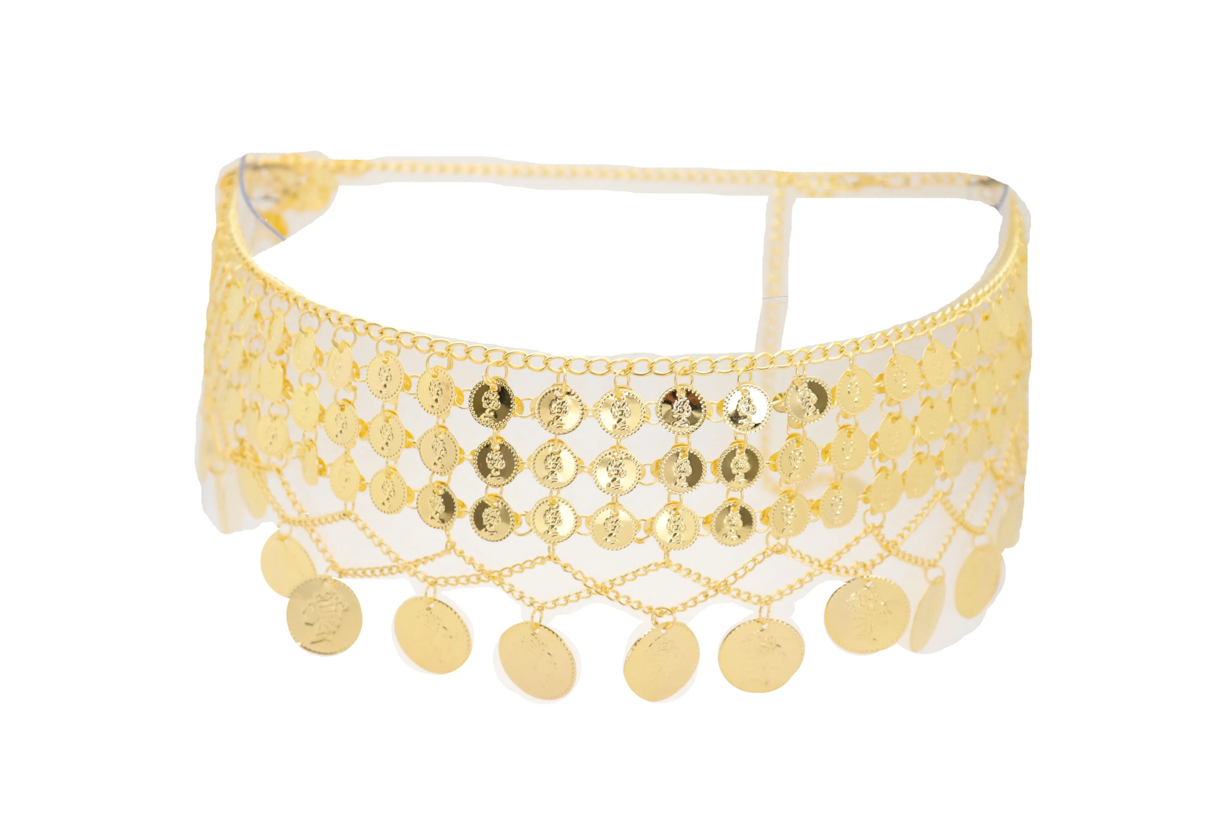 Gold Metal Chain Wide Waistband Ethnic Belly Dance Coin Charms Belt S M L
