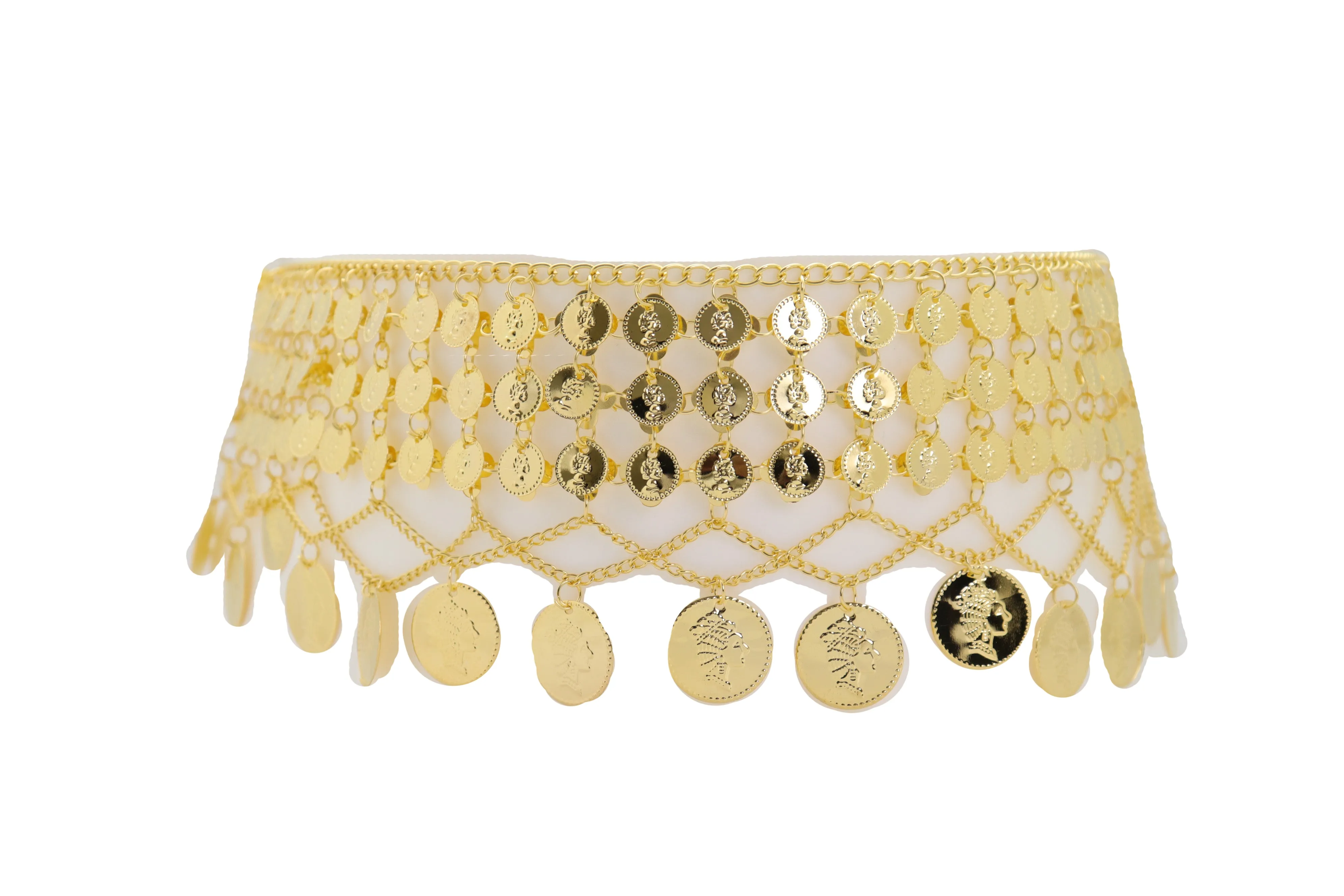 Gold Metal Chain Wide Waistband Ethnic Belly Dance Coin Charms Belt S M L