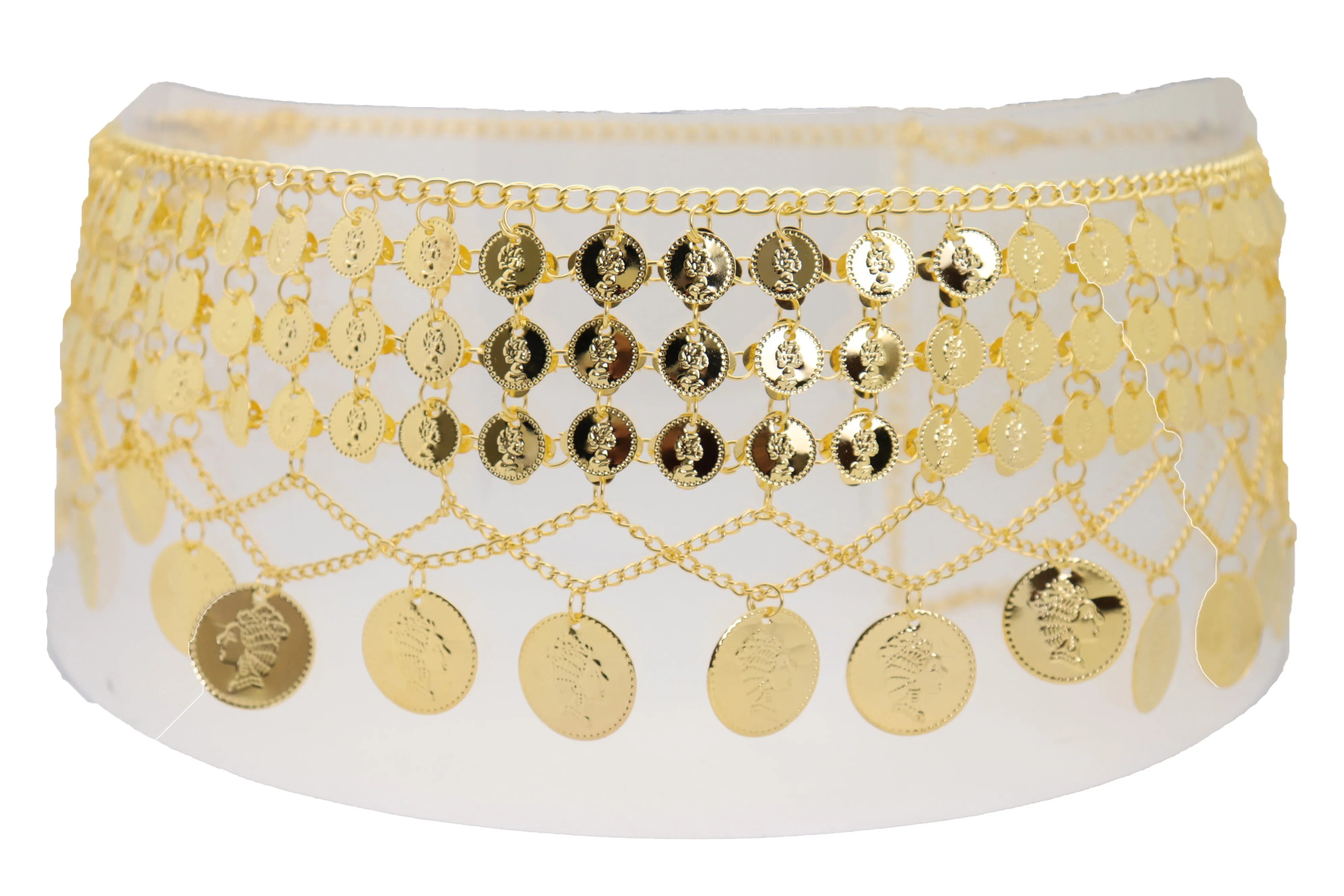 Gold Metal Chain Wide Waistband Ethnic Belly Dance Coin Charms Belt S M L