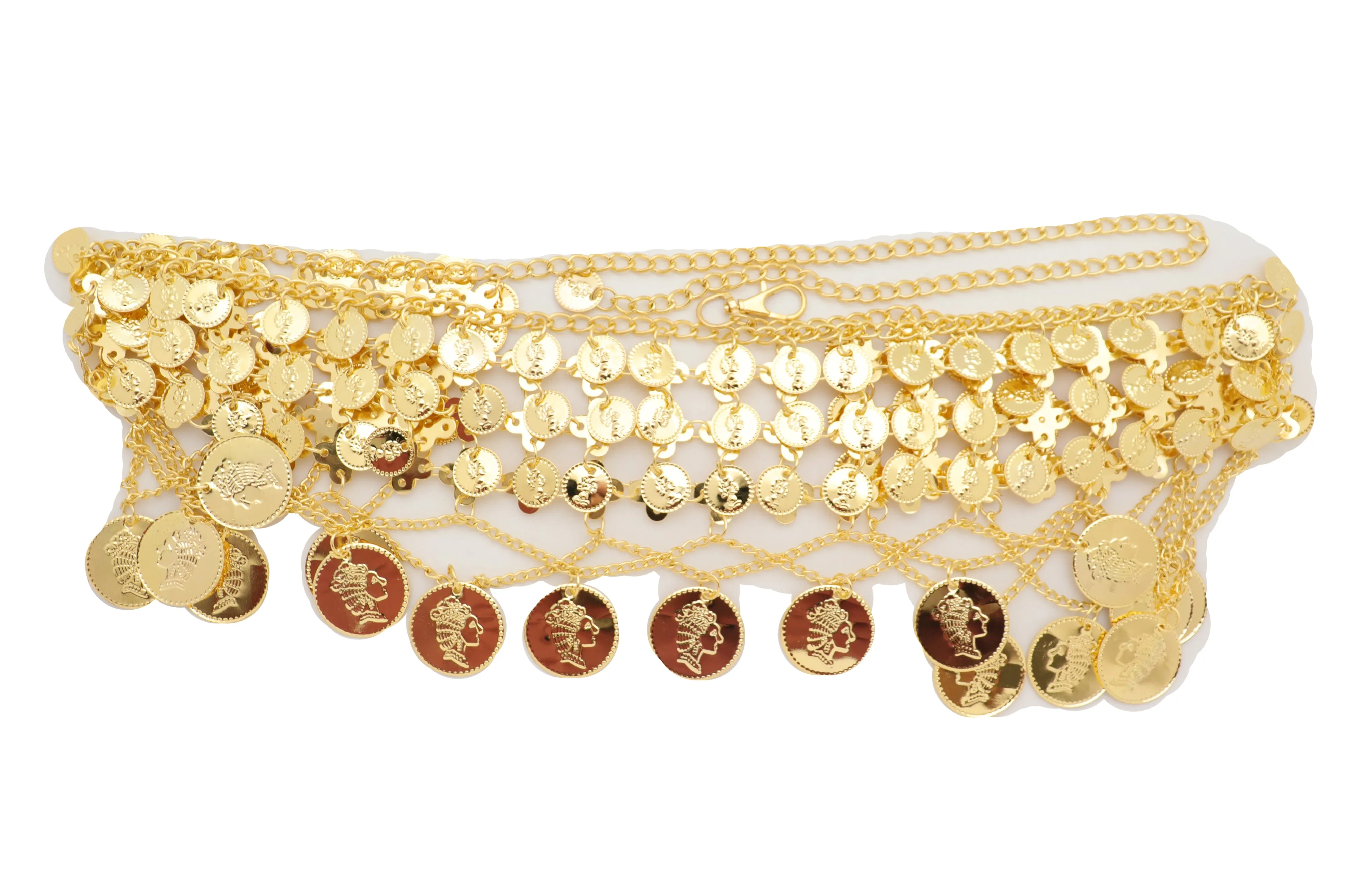 Gold Metal Chain Wide Waistband Ethnic Belly Dance Coin Charms Belt S M L