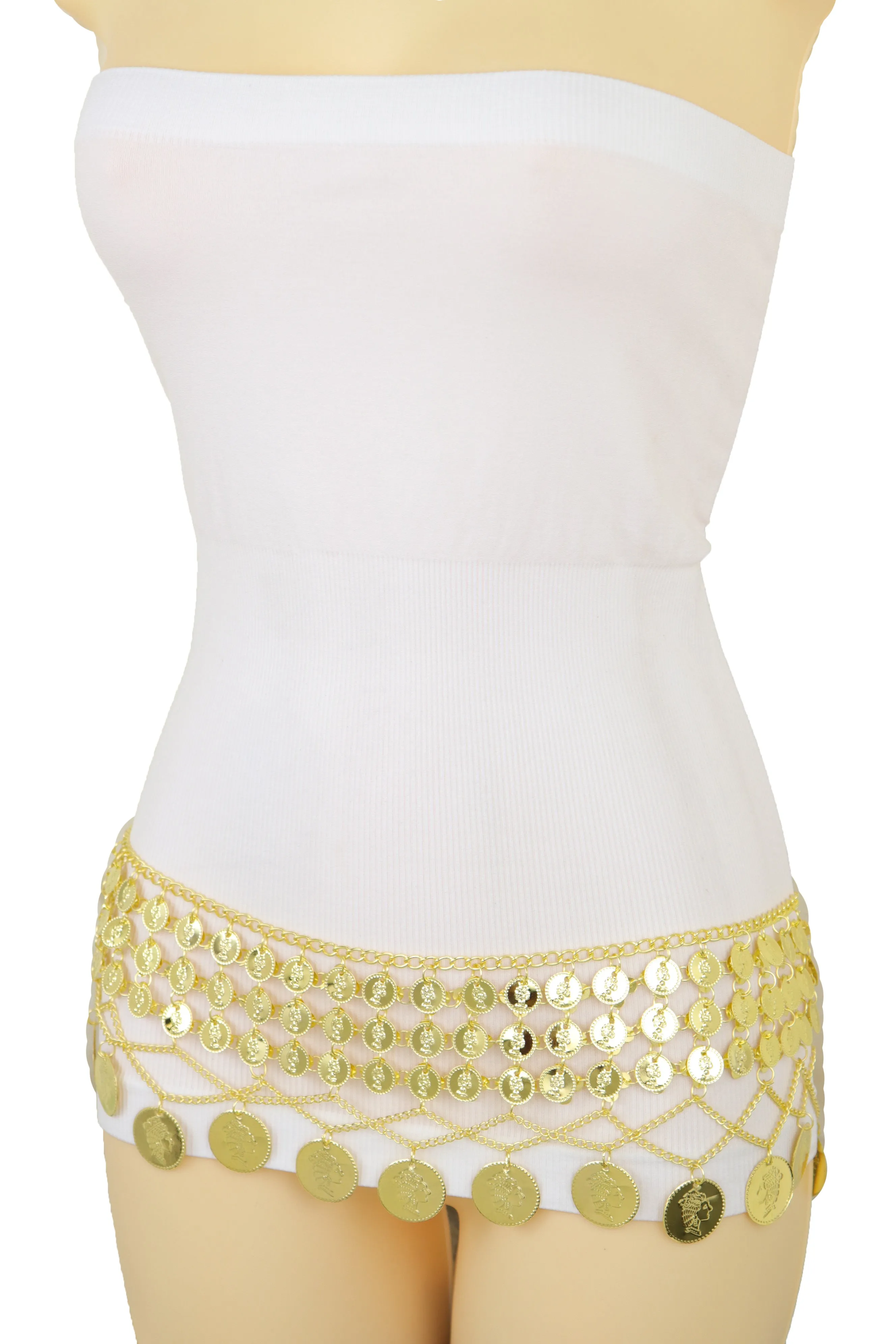 Gold Metal Chain Wide Waistband Ethnic Belly Dance Coin Charms Belt S M L
