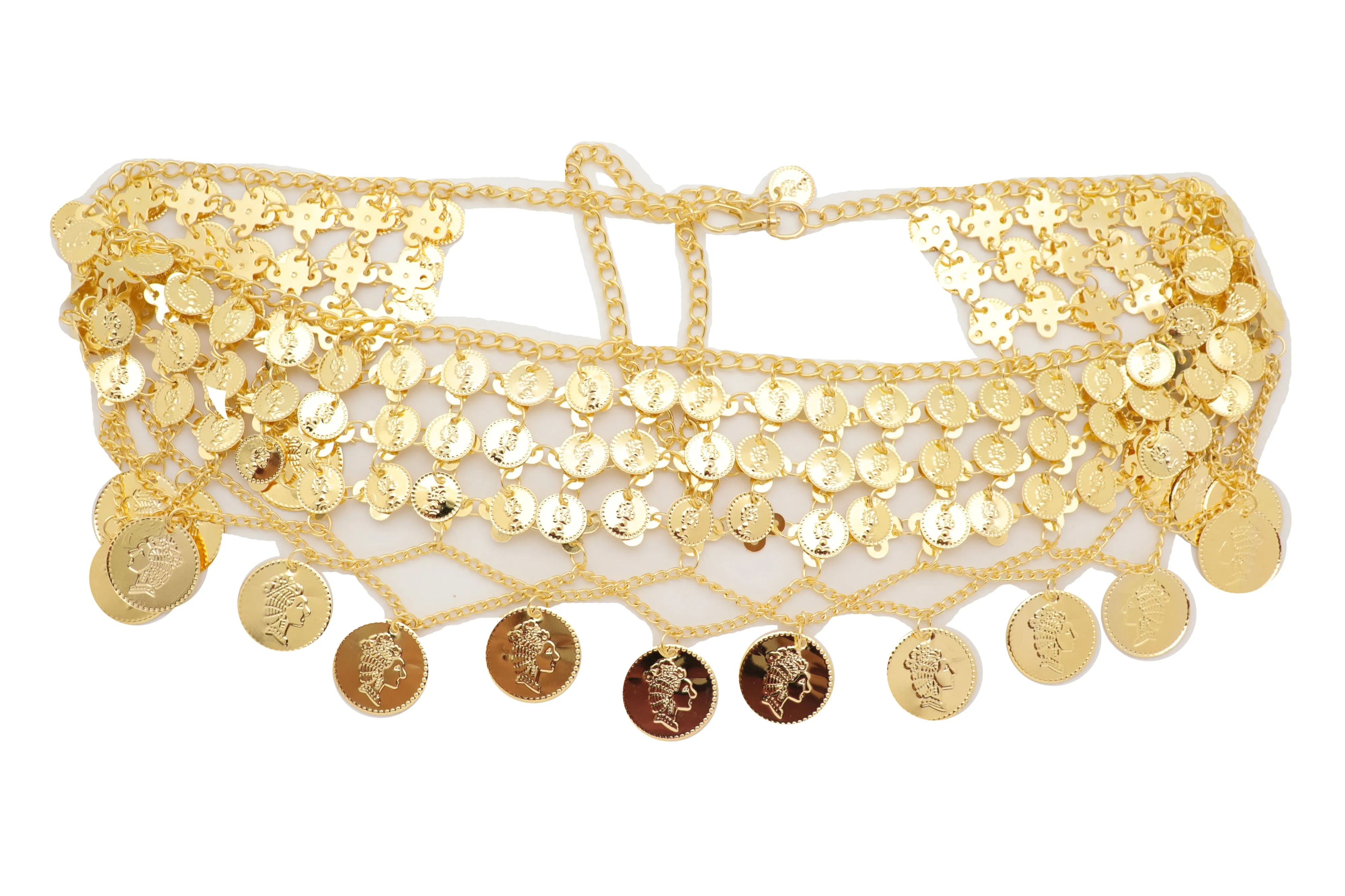 Gold Metal Chain Wide Waistband Ethnic Belly Dance Coin Charms Belt S M L