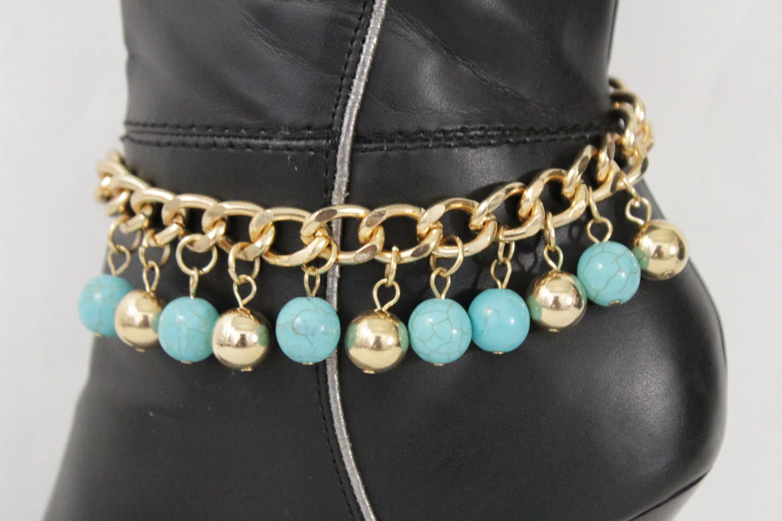 Gold Metal Chains Boot Bracelet High Heels Shoe Charm Anklet Turquoise Blue Balls