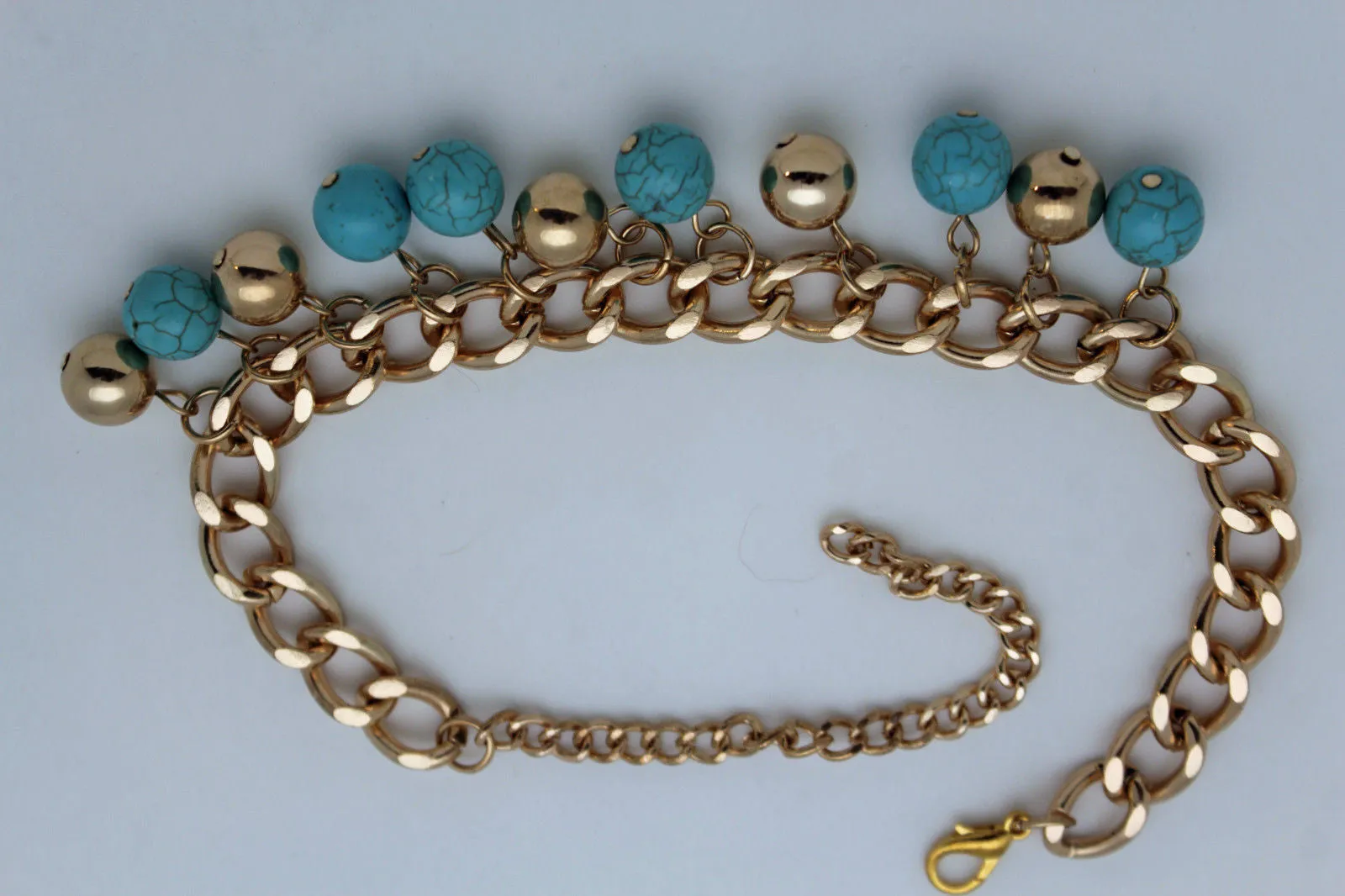 Gold Metal Chains Boot Bracelet High Heels Shoe Charm Anklet Turquoise Blue Balls