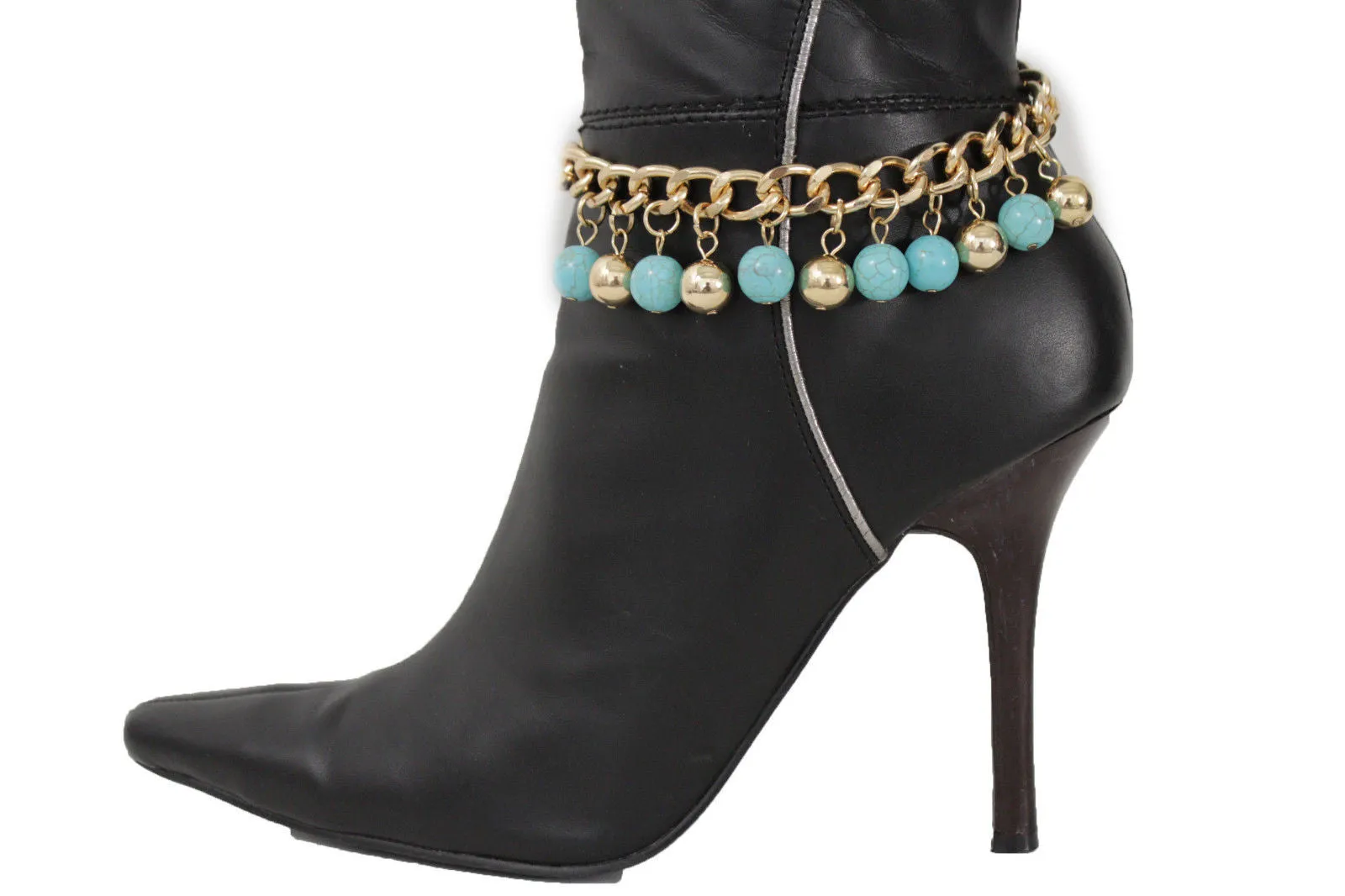 Gold Metal Chains Boot Bracelet High Heels Shoe Charm Anklet Turquoise Blue Balls