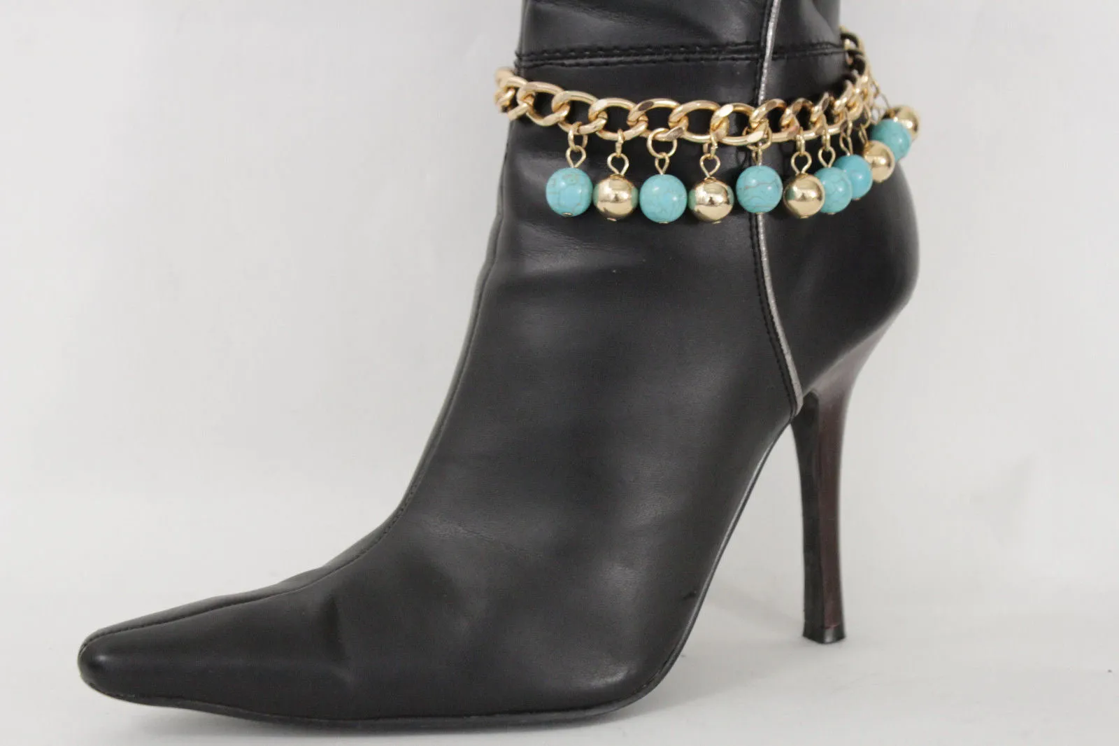 Gold Metal Chains Boot Bracelet High Heels Shoe Charm Anklet Turquoise Blue Balls