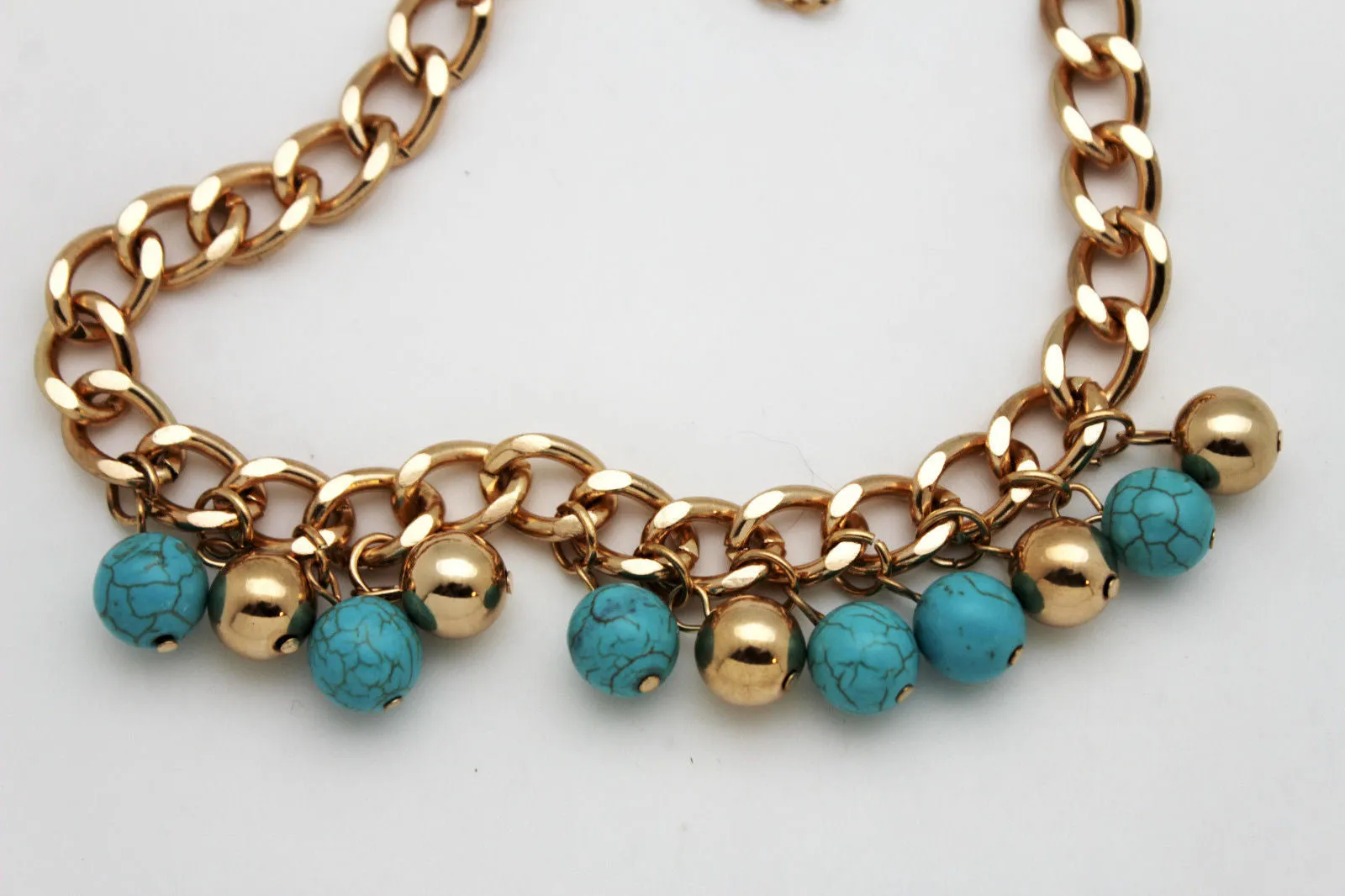 Gold Metal Chains Boot Bracelet High Heels Shoe Charm Anklet Turquoise Blue Balls