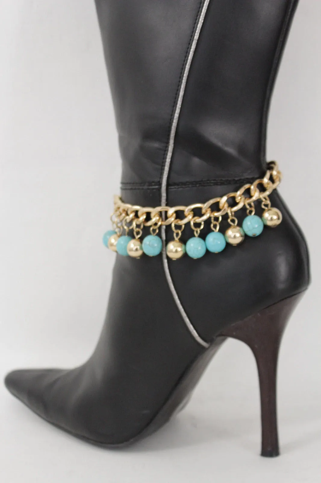 Gold Metal Chains Boot Bracelet High Heels Shoe Charm Anklet Turquoise Blue Balls