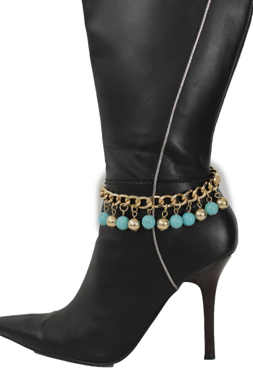 Gold Metal Chains Boot Bracelet High Heels Shoe Charm Anklet Turquoise Blue Balls