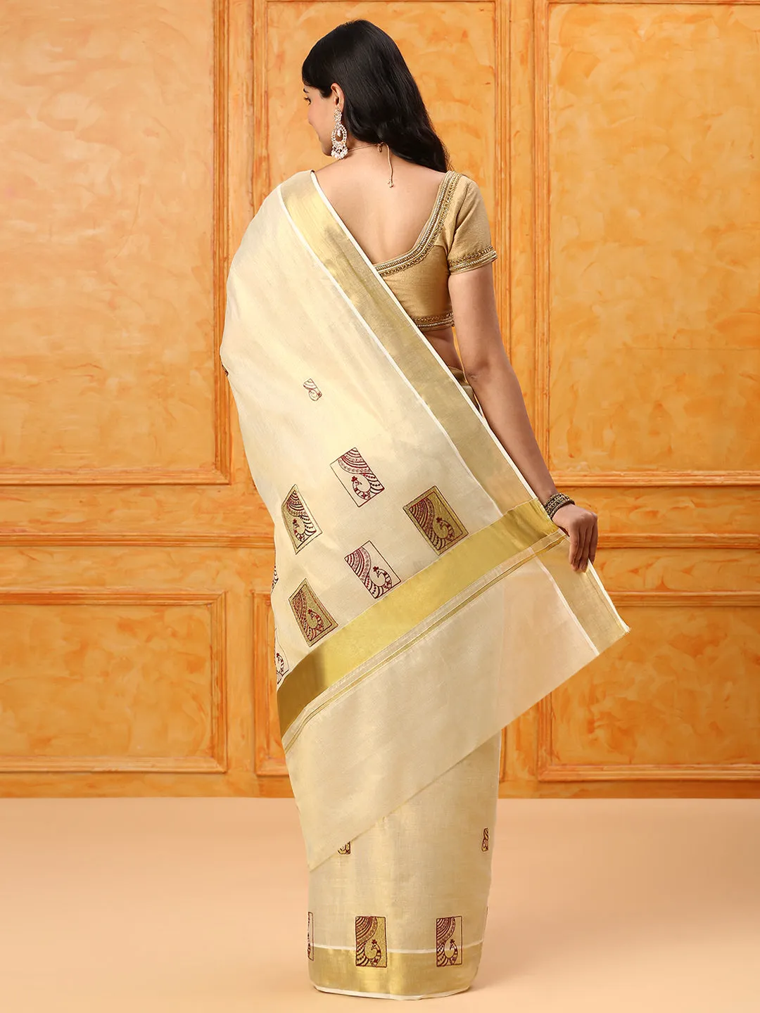 Premium Kerala Cream Saree with Gold Jari Embroidery - Model KS111
