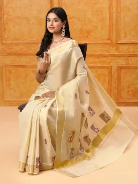 Premium Kerala Cream Saree with Gold Jari Embroidery - Model KS111