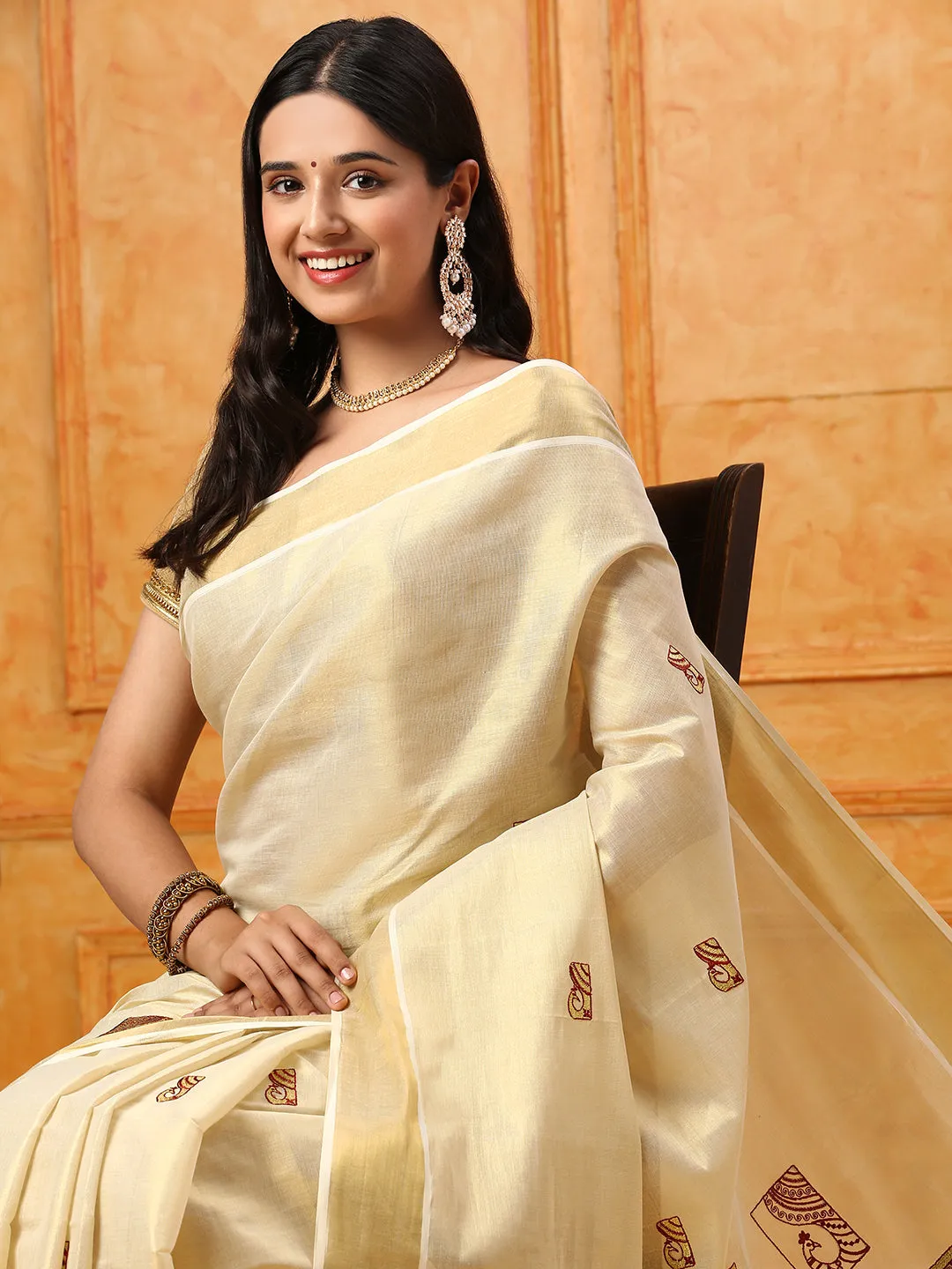Premium Kerala Cream Saree with Gold Jari Embroidery - Model KS111