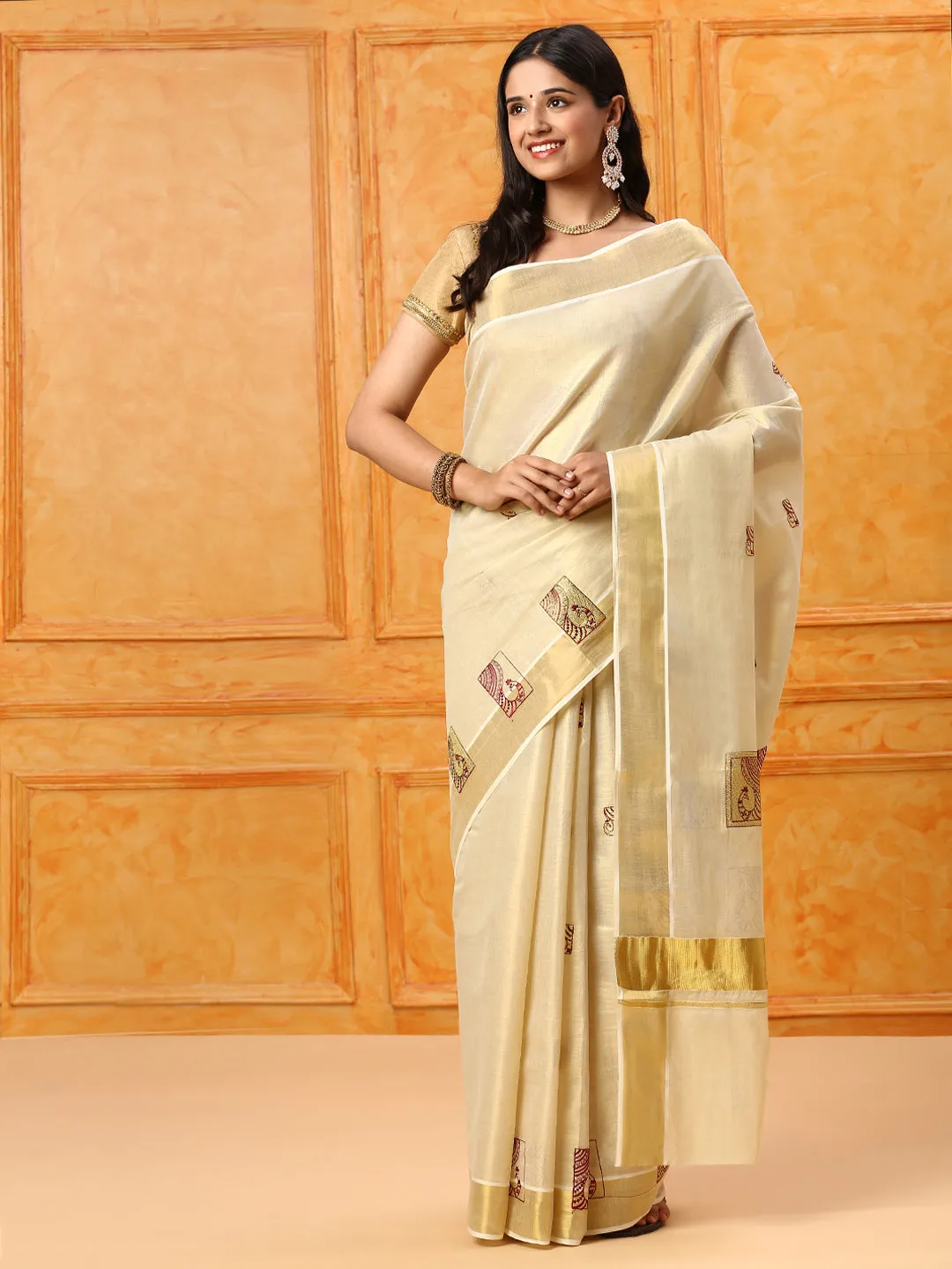 Premium Kerala Cream Saree with Gold Jari Embroidery - Model KS111