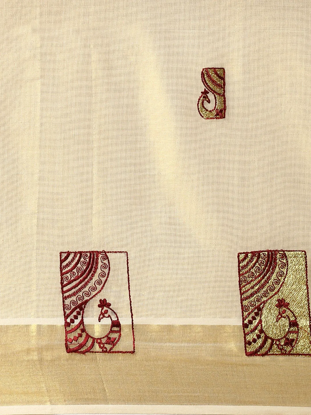 Premium Kerala Cream Saree with Gold Jari Embroidery - Model KS111