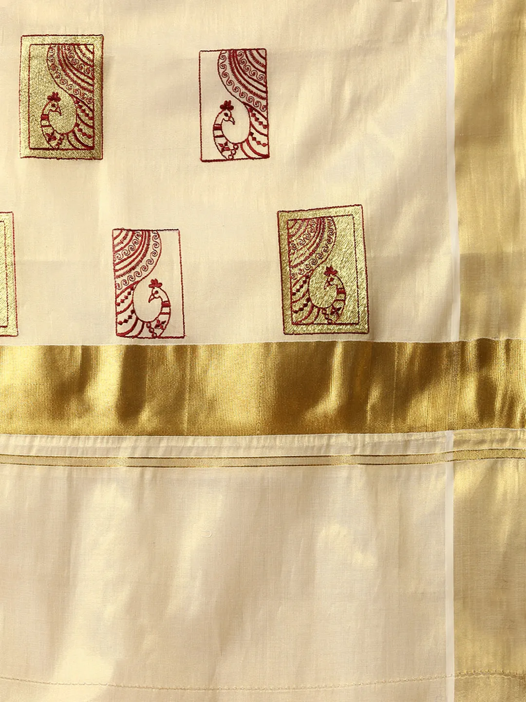 Premium Kerala Cream Saree with Gold Jari Embroidery - Model KS111