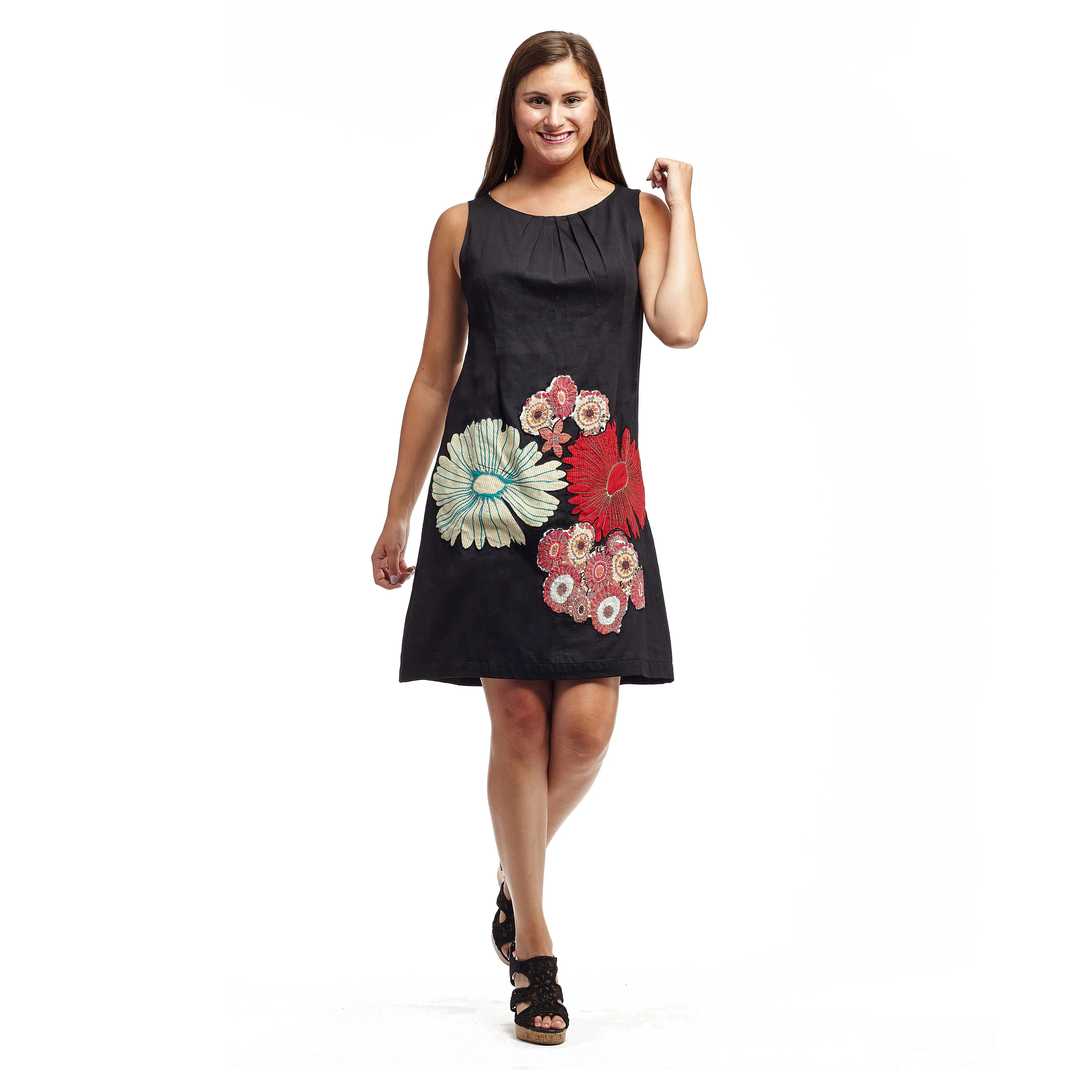 La Cera Sleeveless Floral Applique Cotton Dress