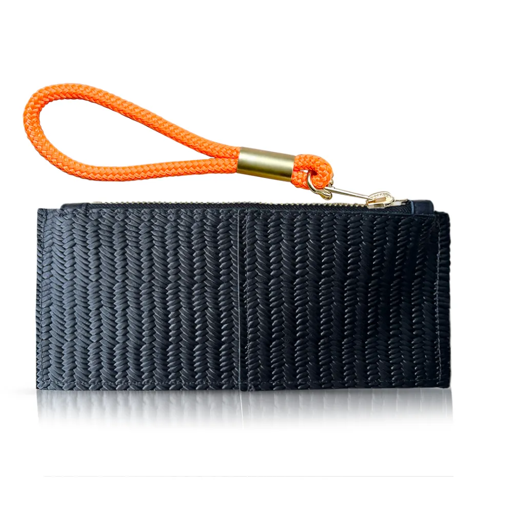 Leather Clutch   Rope Wristlet in Black Basketweave Leather