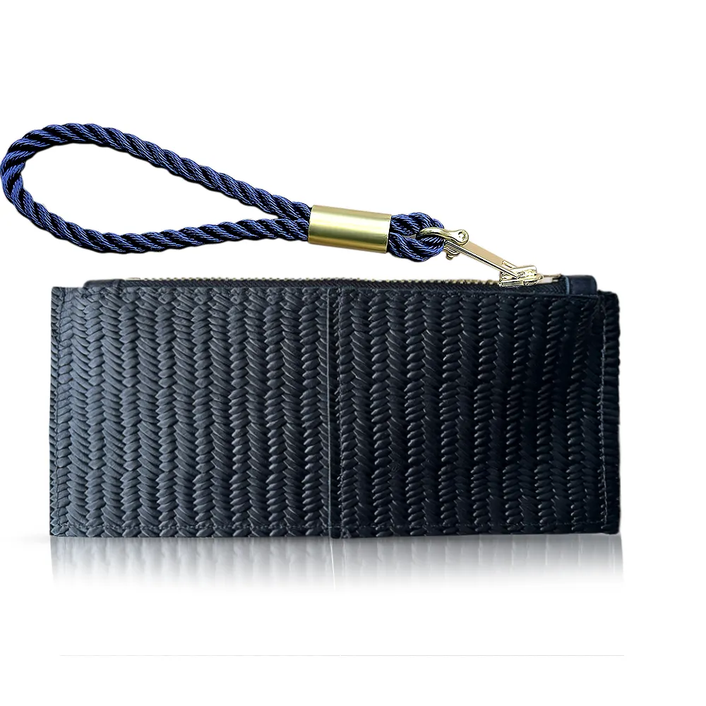 Leather Clutch   Rope Wristlet in Black Basketweave Leather