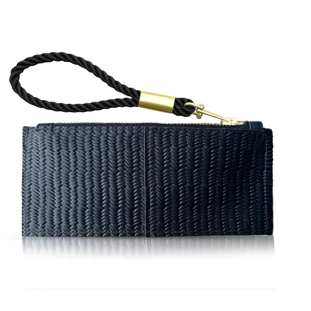 Leather Clutch   Rope Wristlet in Black Basketweave Leather