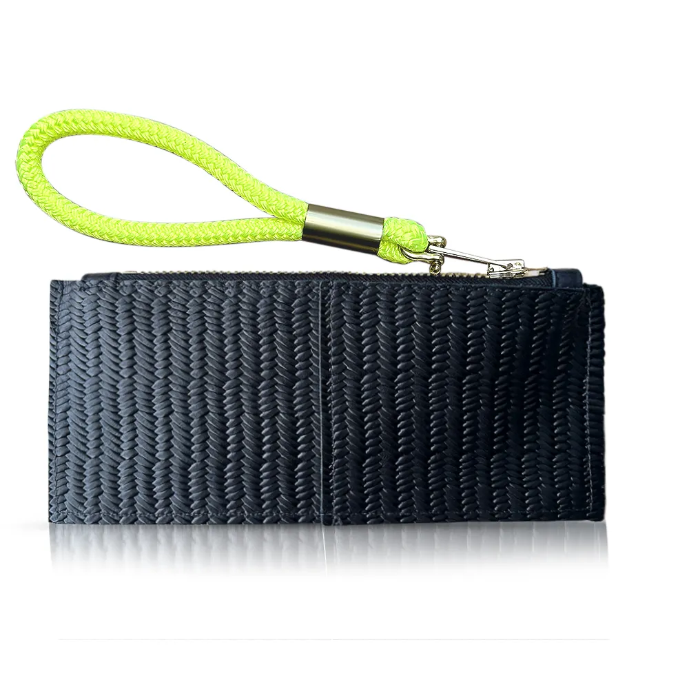 Leather Clutch   Rope Wristlet in Black Basketweave Leather