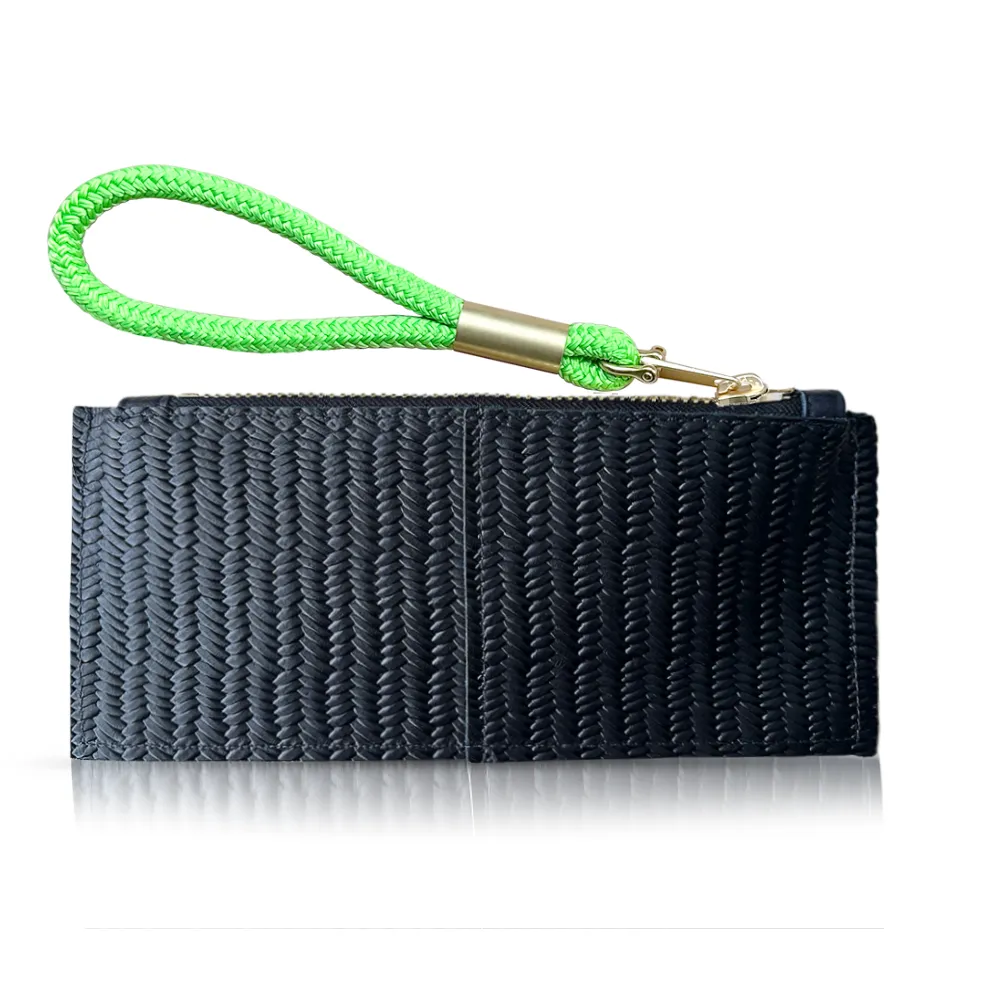 Leather Clutch   Rope Wristlet in Black Basketweave Leather