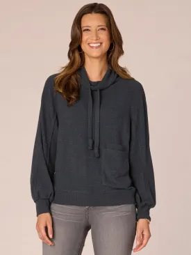 Long Sleeve Double Pocket Petite Knit Top with Funnel Neck Ties