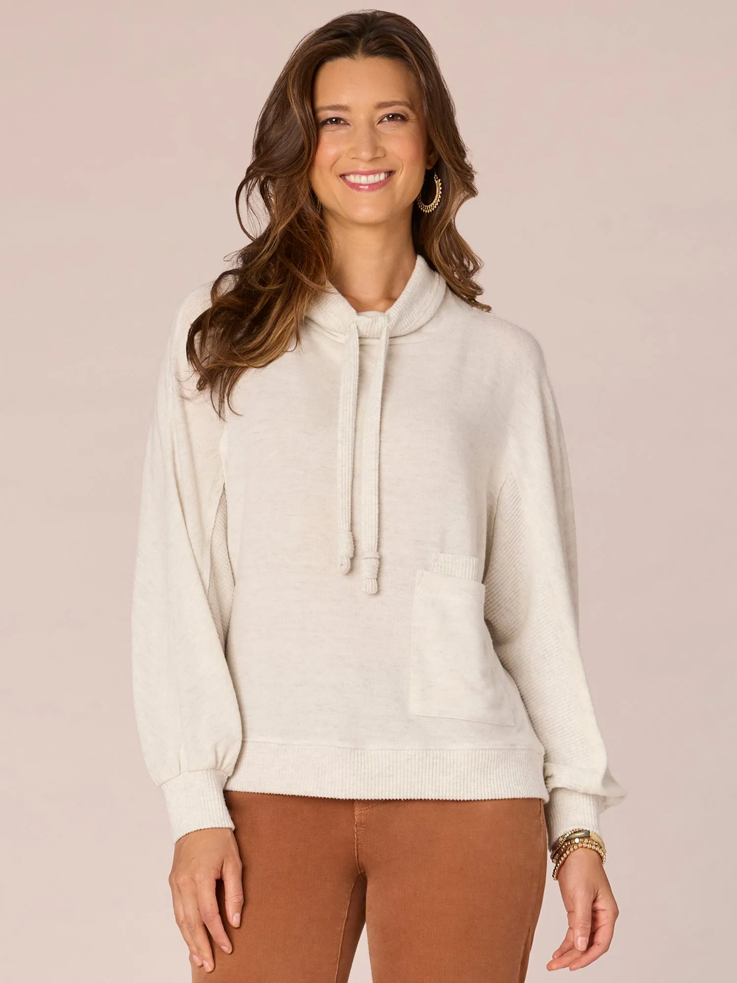 Long Sleeve Double Pocket Petite Knit Top with Funnel Neck Ties