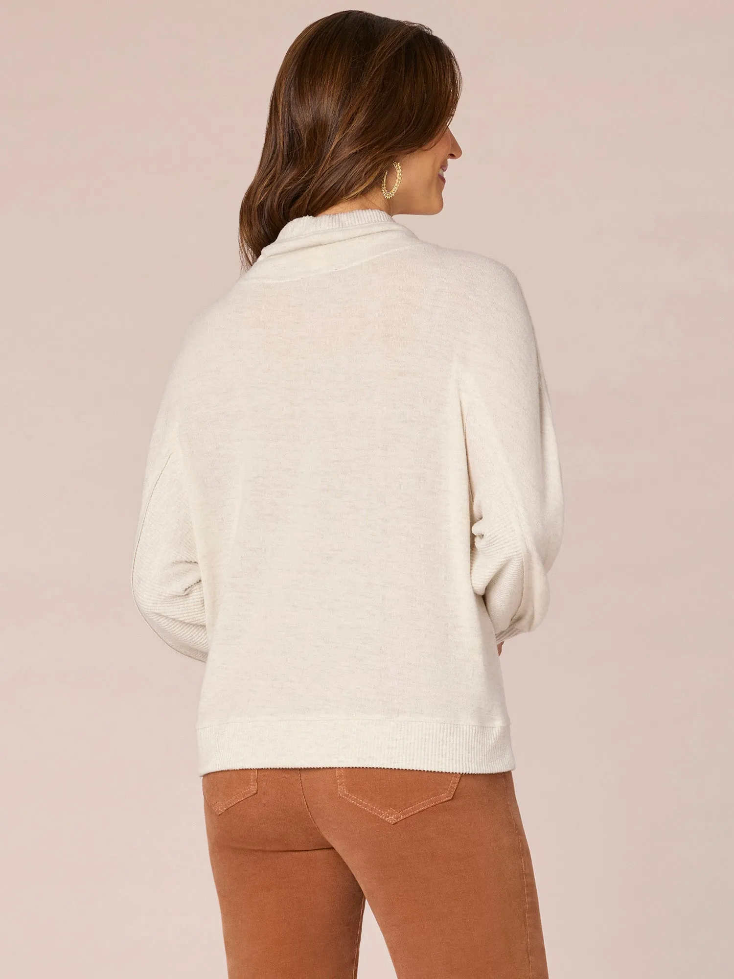 Long Sleeve Double Pocket Petite Knit Top with Funnel Neck Ties