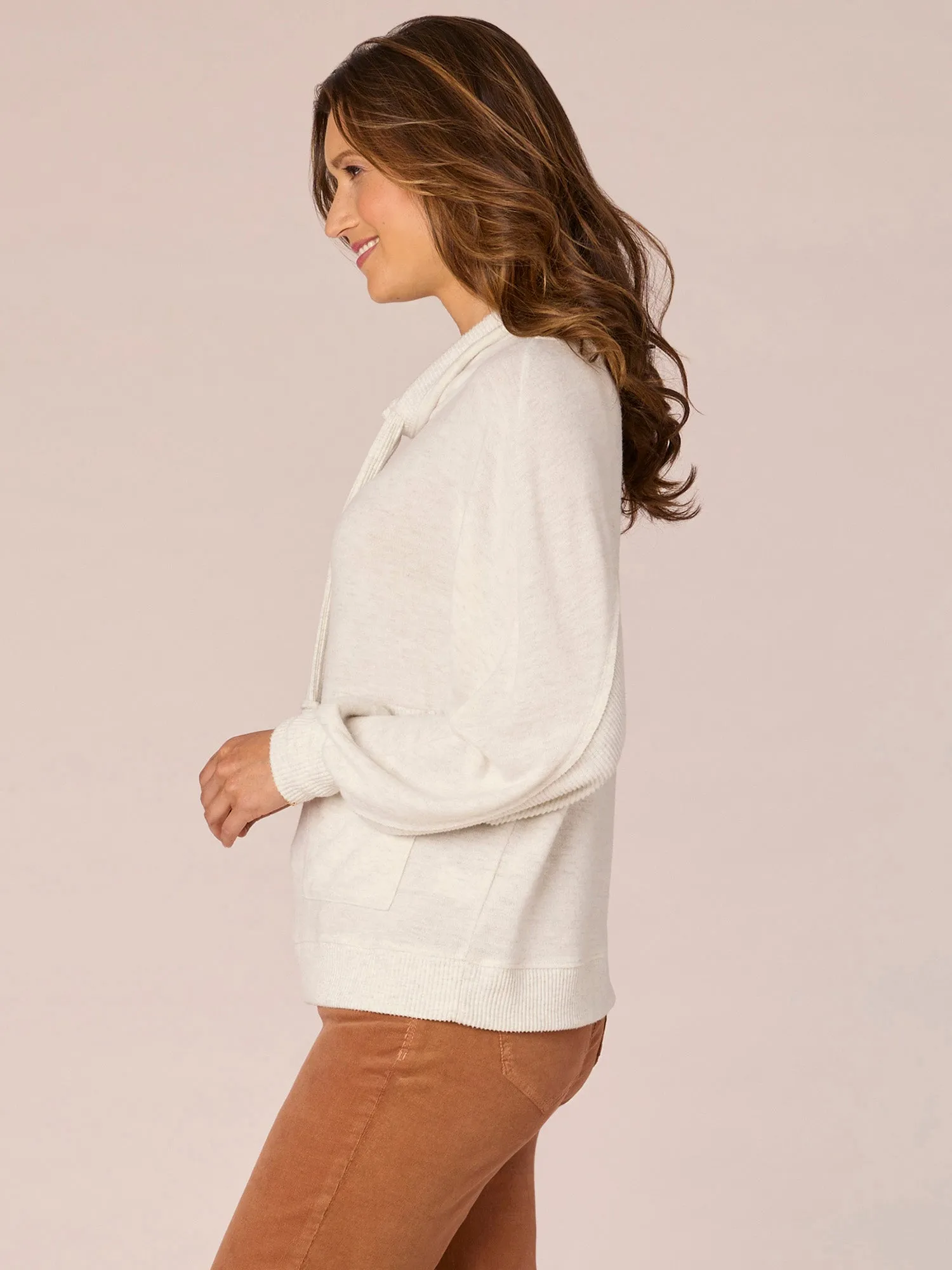 Long Sleeve Double Pocket Petite Knit Top with Funnel Neck Ties