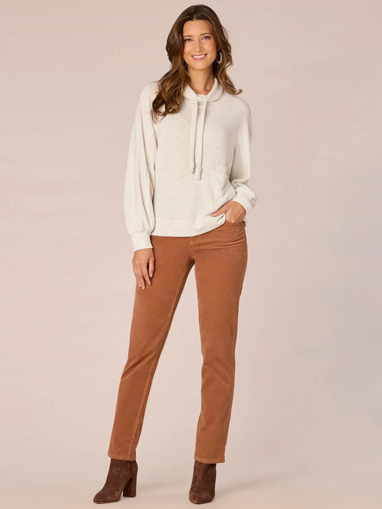 Long Sleeve Double Pocket Petite Knit Top with Funnel Neck Ties