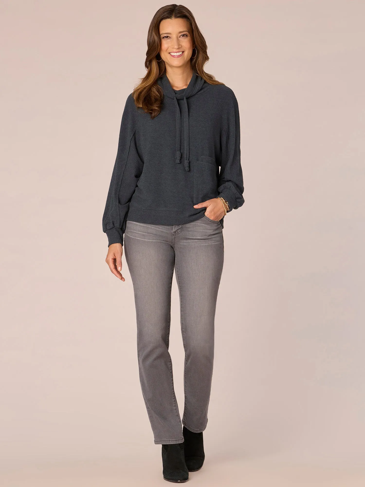 Long Sleeve Double Pocket Petite Knit Top with Funnel Neck Ties