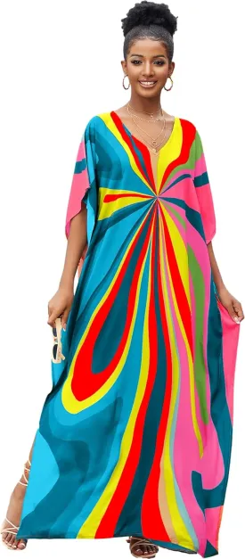 LOUSEA women's swimsuit cover up Batwing sleeve green beach long dress loose caftans for women bathing suit cover up dress