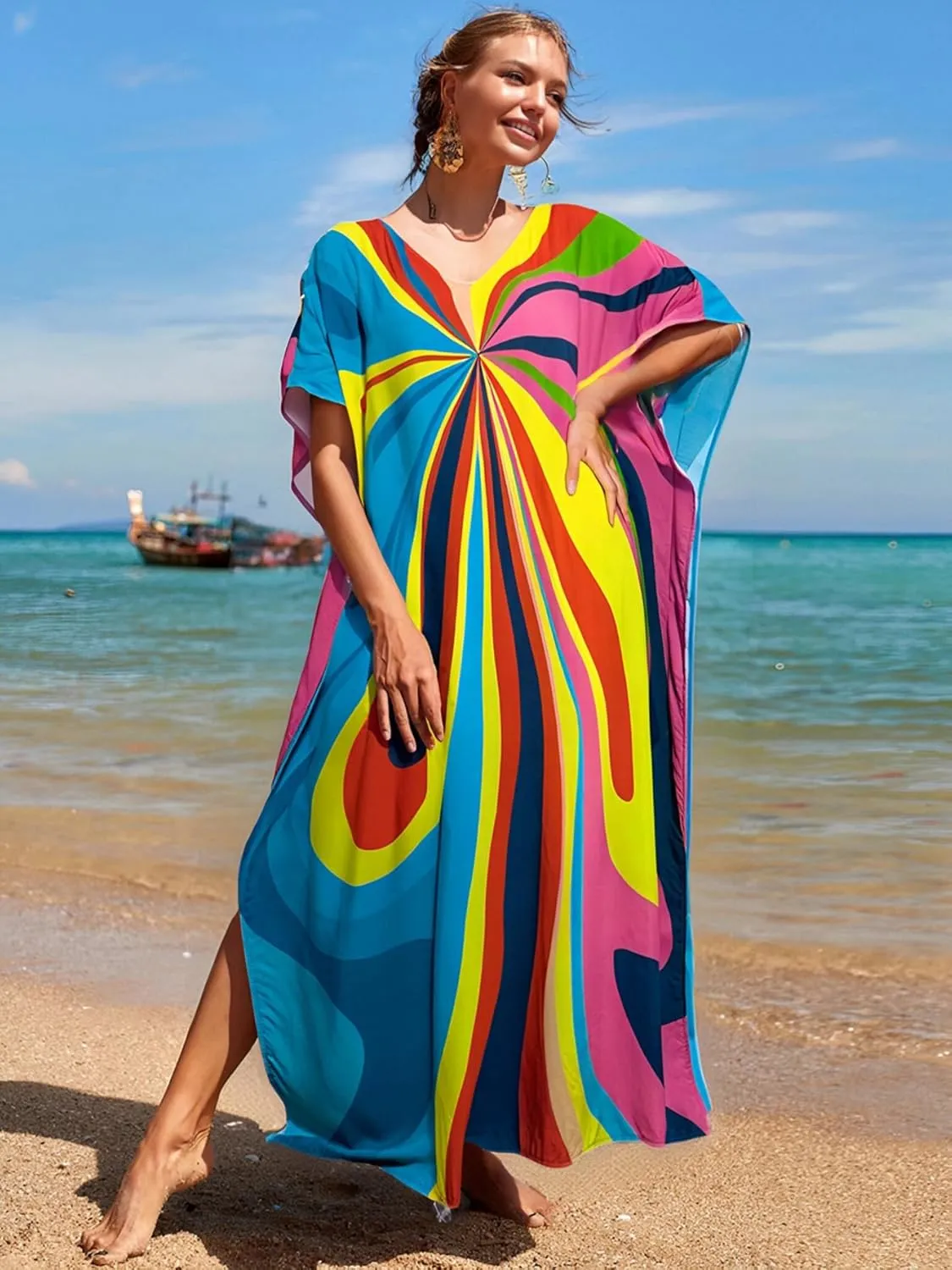 LOUSEA women's swimsuit cover up Batwing sleeve green beach long dress loose caftans for women bathing suit cover up dress