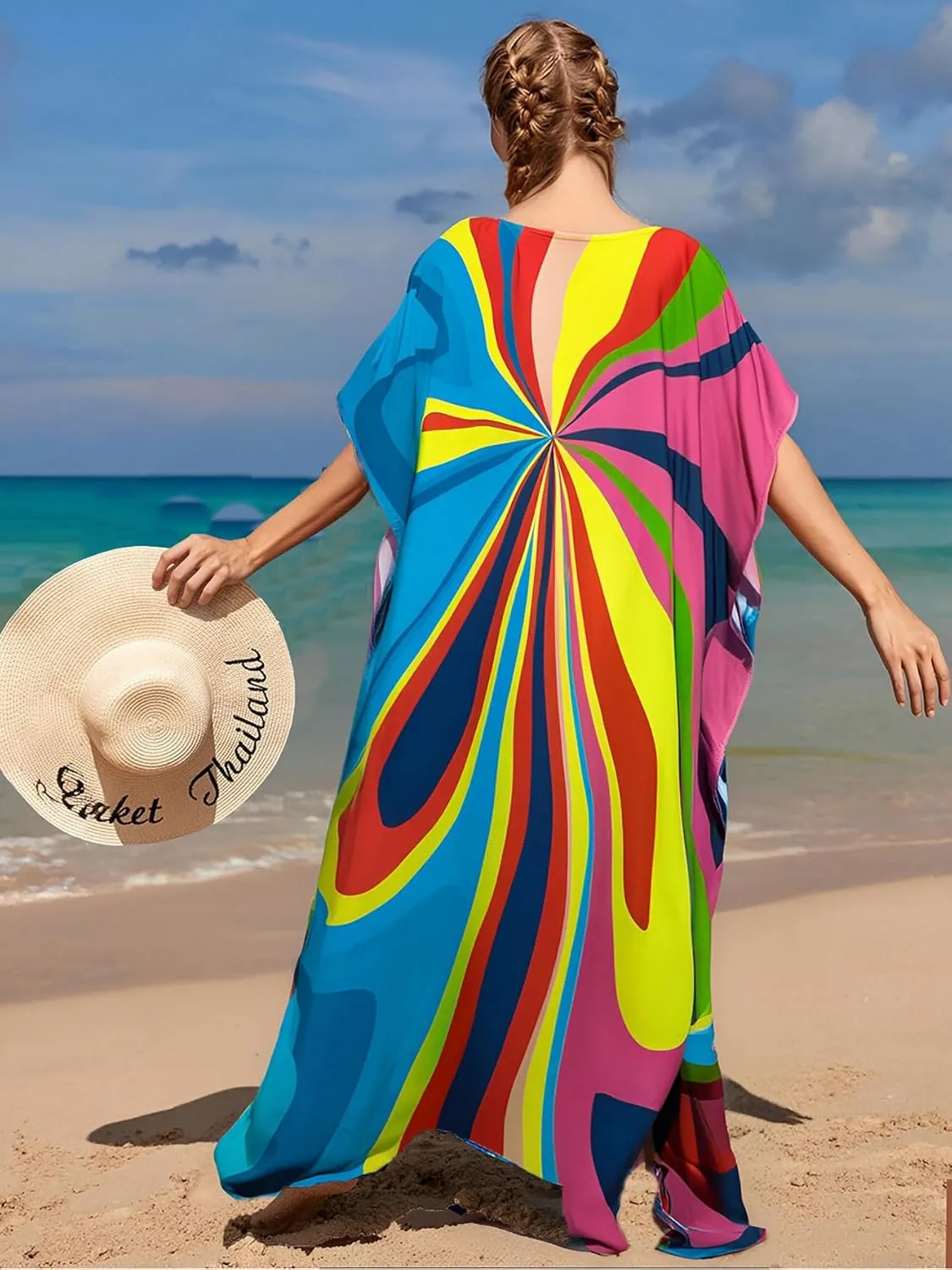 LOUSEA women's swimsuit cover up Batwing sleeve green beach long dress loose caftans for women bathing suit cover up dress